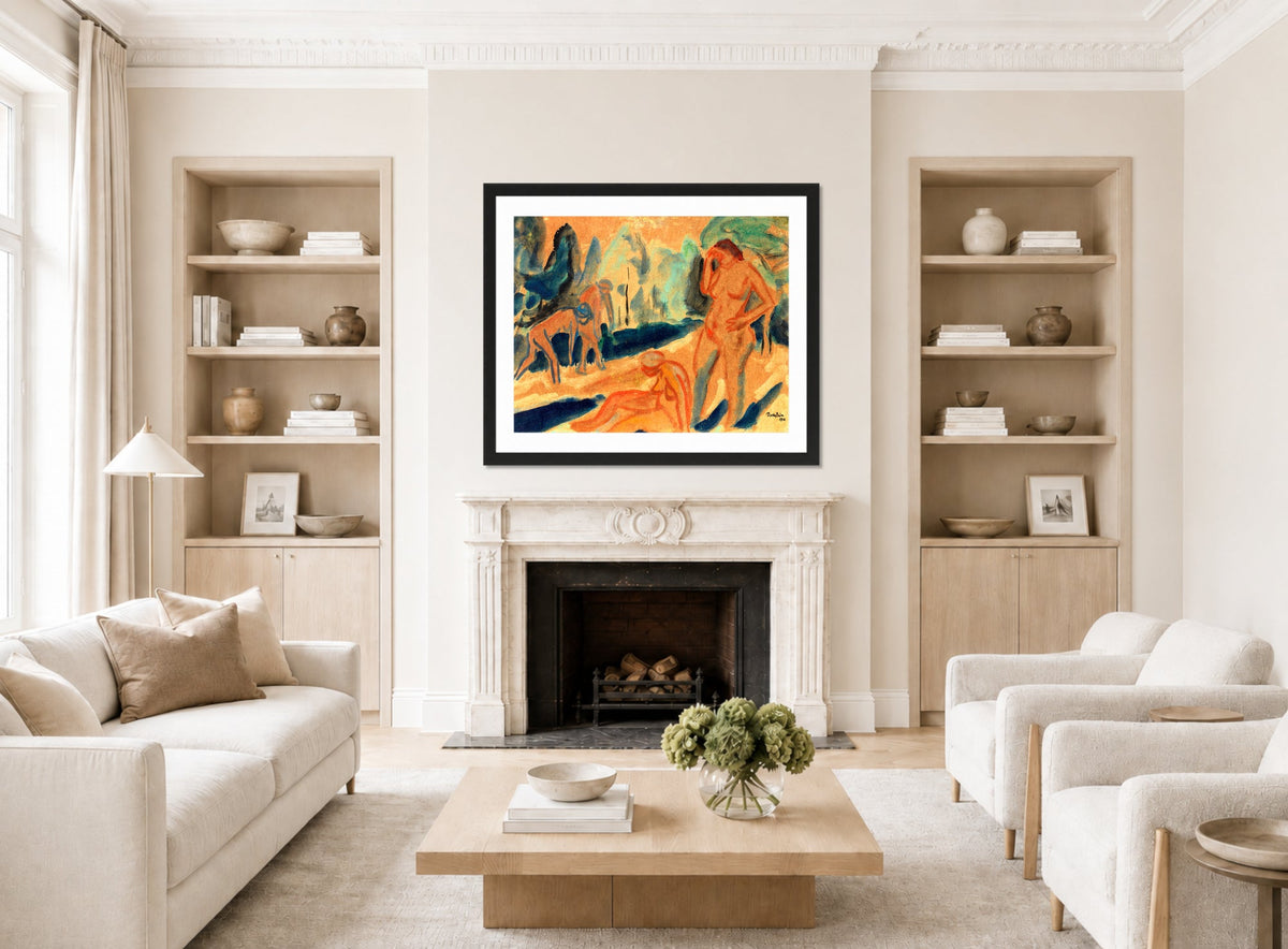 Hermann Max Pechstein Print, Four Bathers (1911) displayed in a living room