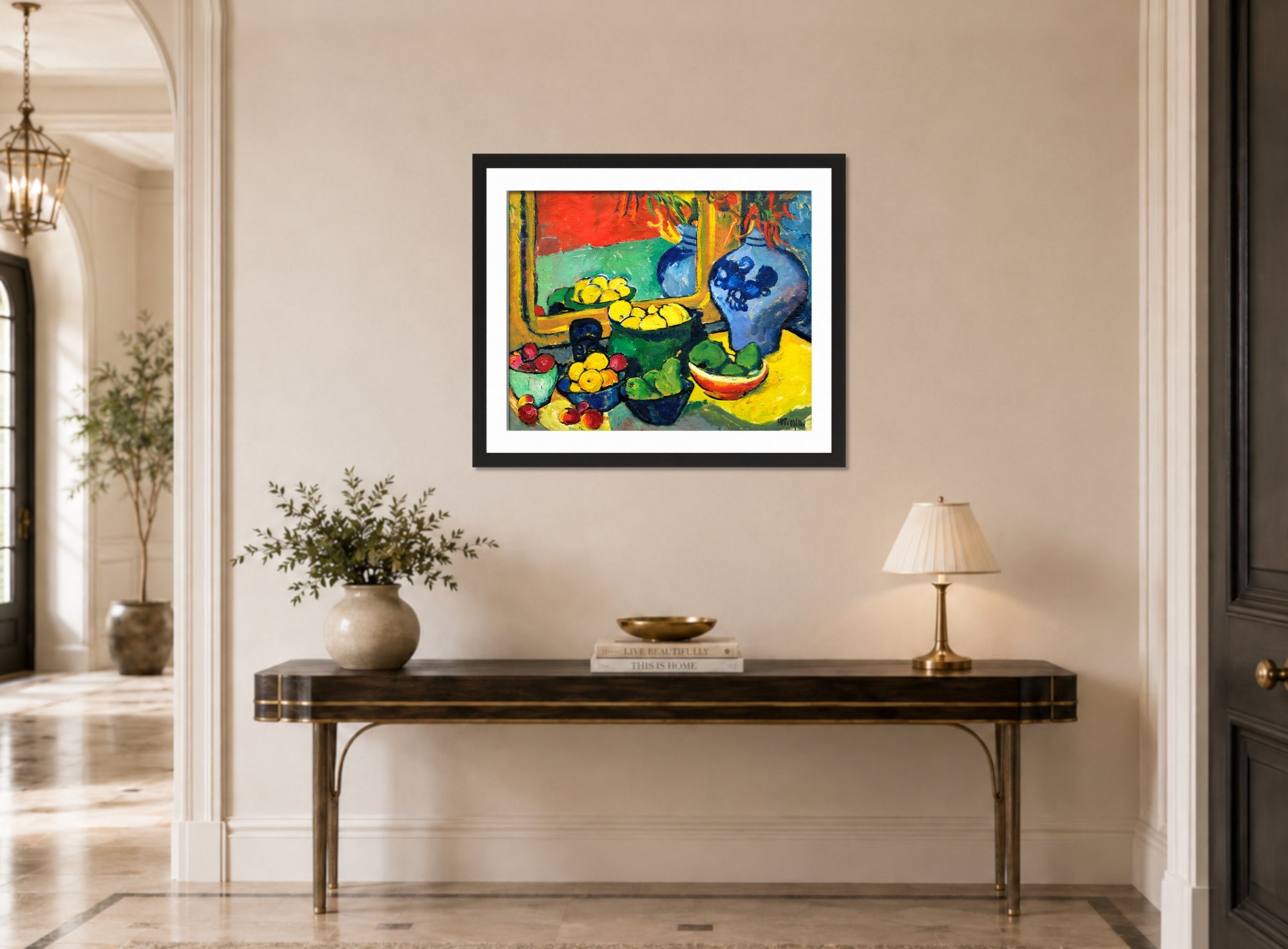 Hermann Max Pechstein Print, Früchte (1910) displayed above a console table