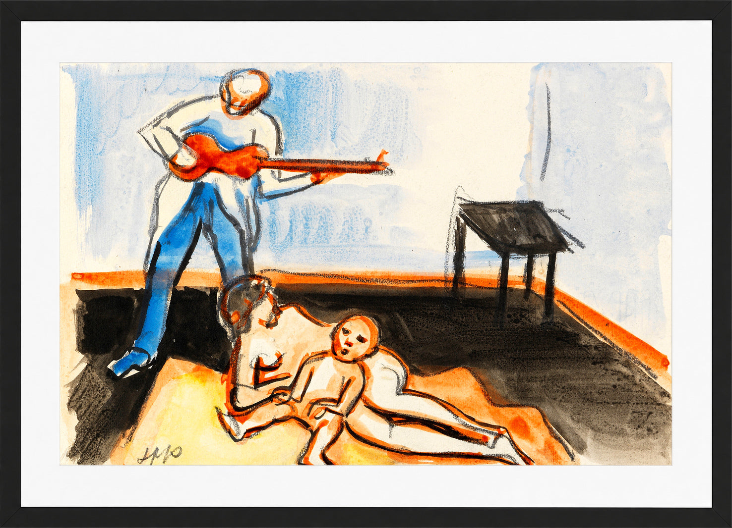 Hermann Max Pechstein Print, Geschwisterakte mit Lautenspieler (1913) in a black frame