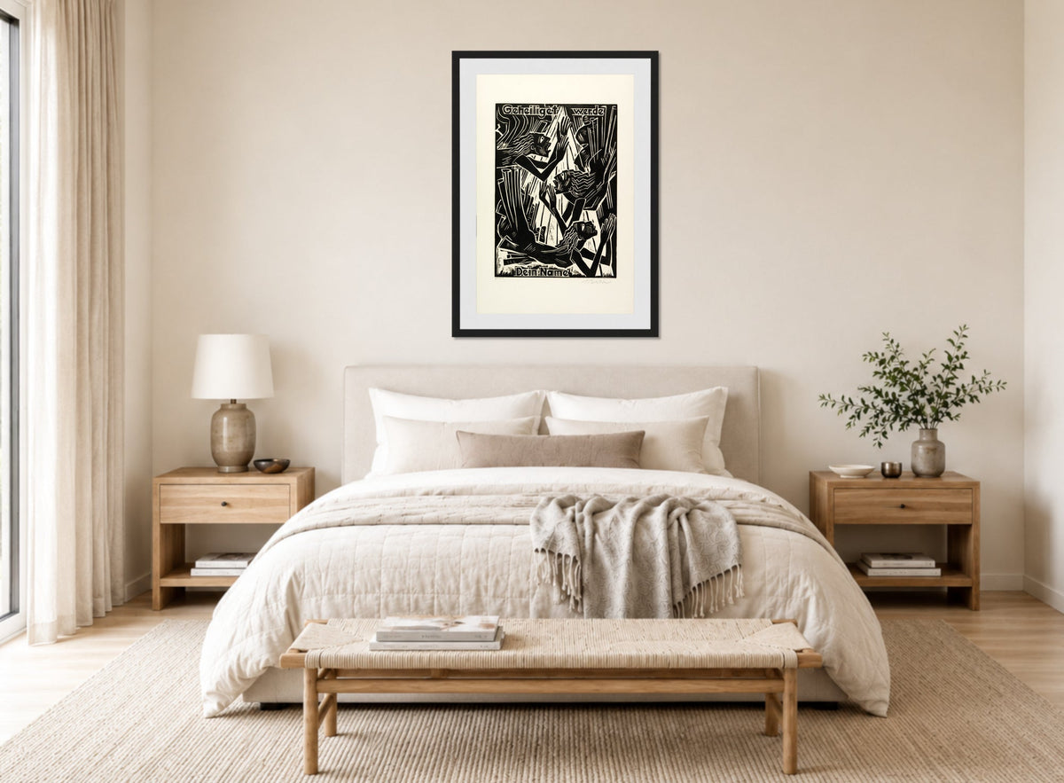 Hermann Max Pechstein Print, Hallowed be Thy name (Geheiliget werde Dein Name) (1921) displayed above a bed