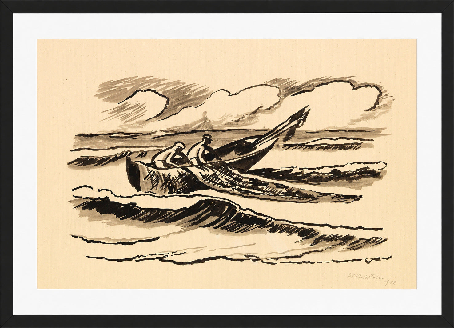 Hermann Max Pechstein Print, Hauling in the nets (1952) in a black frame