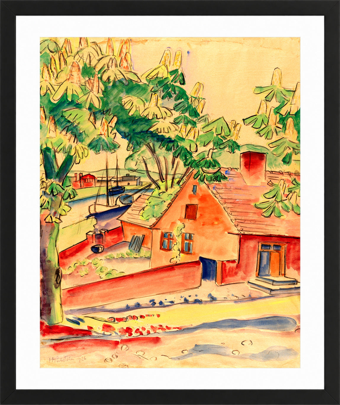 Hermann Max Pechstein Print, House under Chestnut Trees (1926) in a black frame