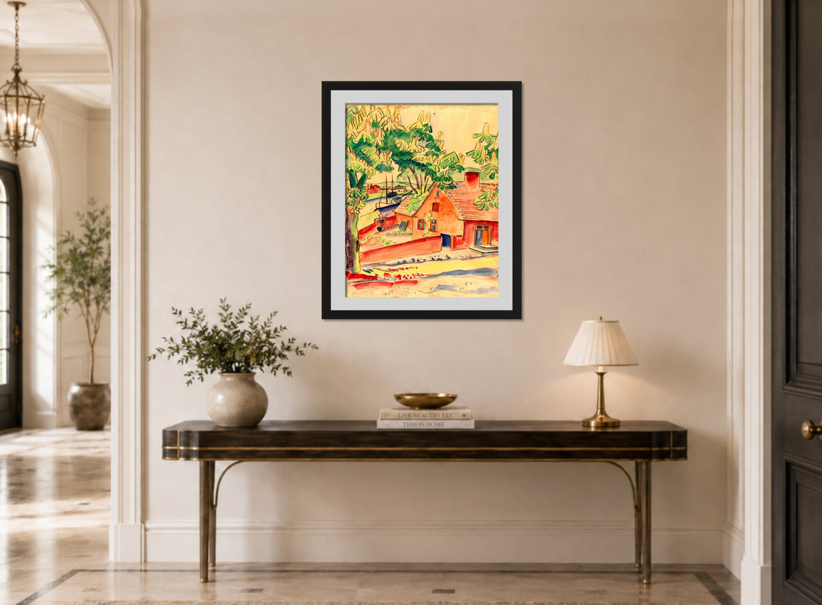 Hermann Max Pechstein Print, House under Chestnut Trees (1926) displayed above a console table