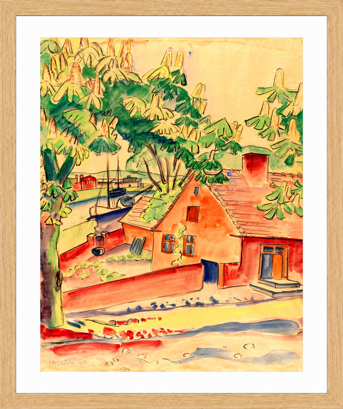 Hermann Max Pechstein Print, House under Chestnut Trees (1926) in a light oak frame