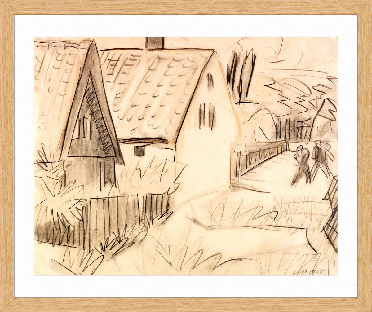 Hermann Max Pechstein Print, Houses and gardens in Nida (1920) in a light oak frame