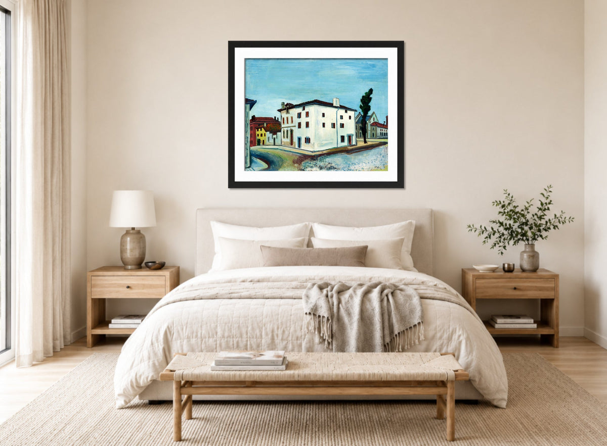 Hermann Max Pechstein Print, Houses in Hendaye (1931) displayed above a bed