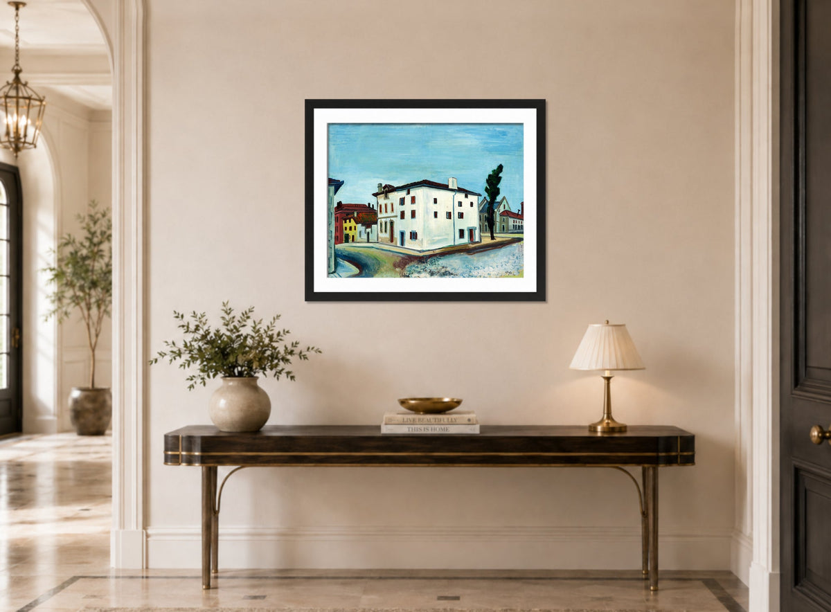 Hermann Max Pechstein Print, Houses in Hendaye (1931) displayed above a console table