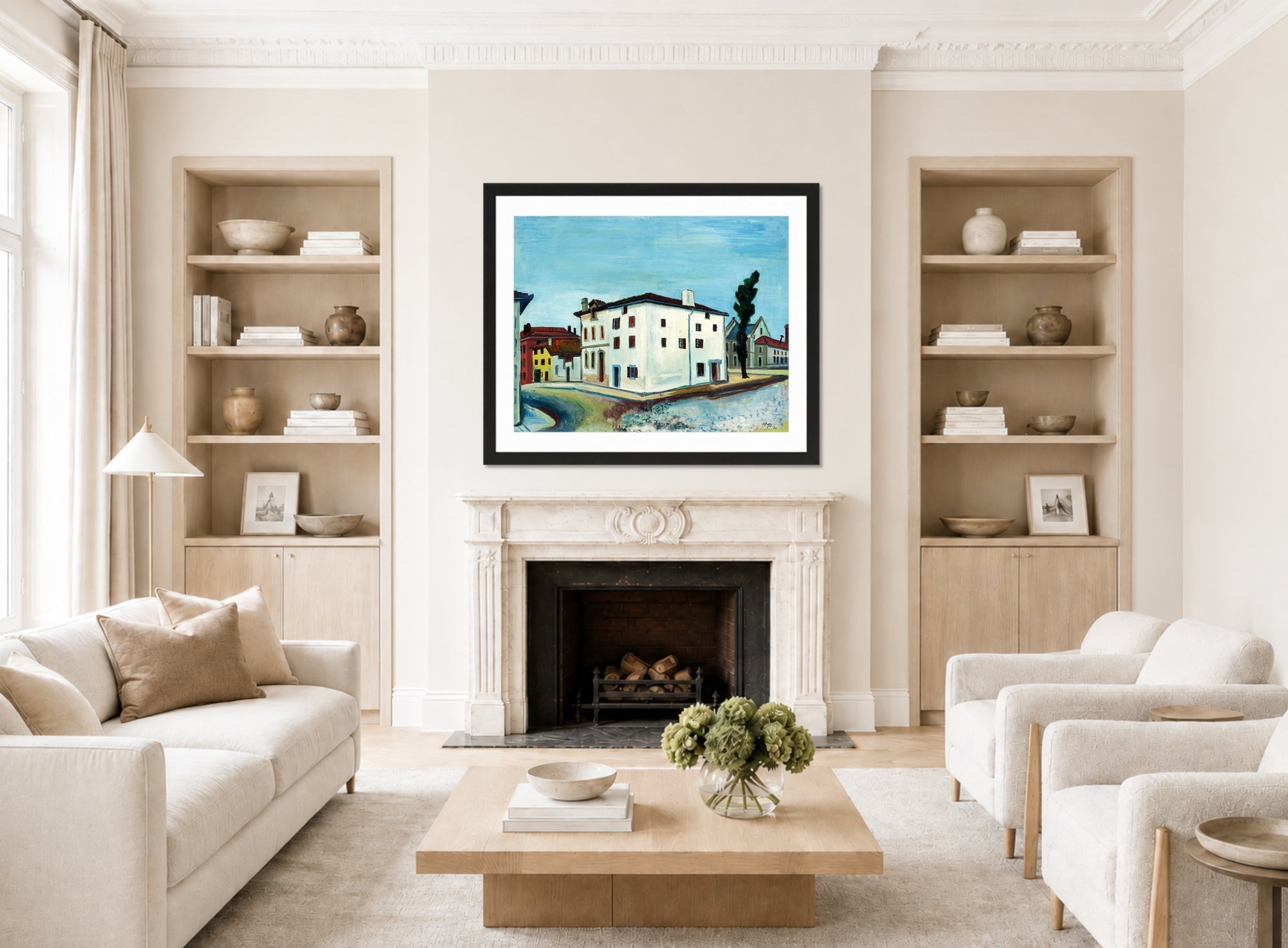 Hermann Max Pechstein Print, Houses in Hendaye (1931) displayed in a living room