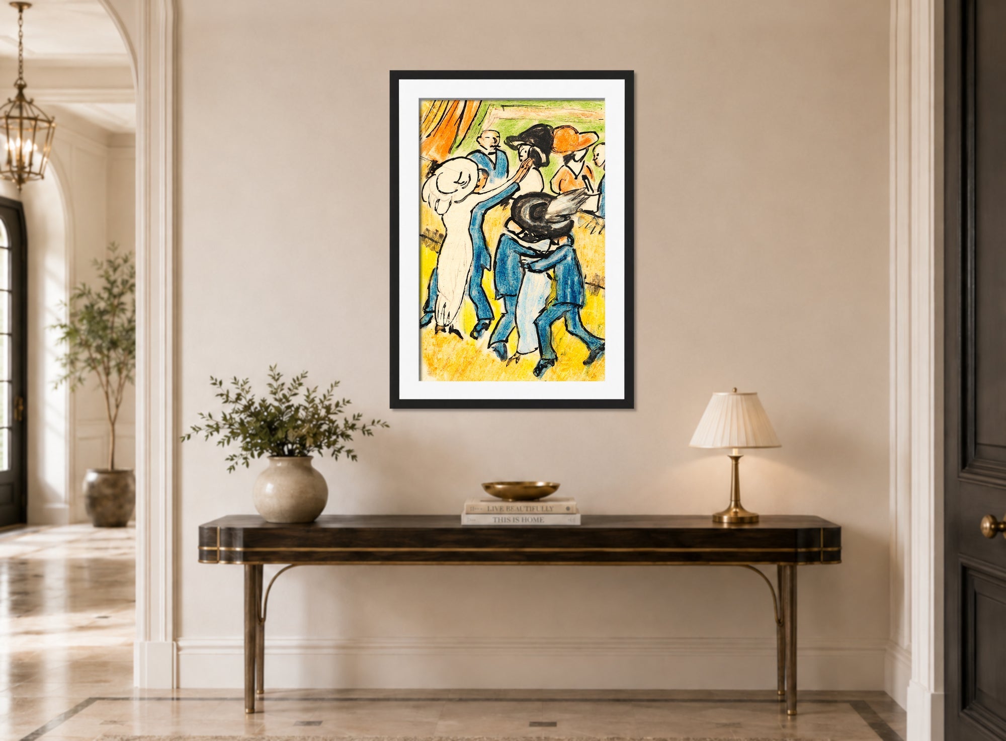 Hermann Max Pechstein Print, In the Dance Café (1910) displayed above a console table