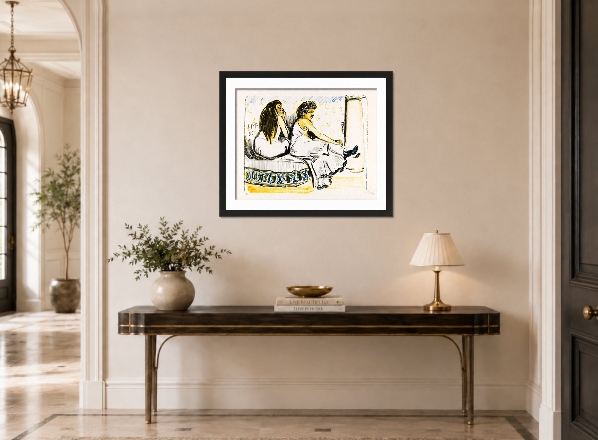 Hermann Max Pechstein Print, In the Harem (1909) displayed above a console table