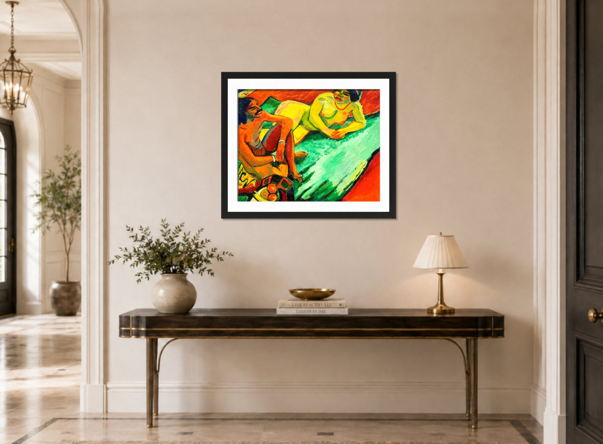 Hermann Max Pechstein Print, Inder und Frauenakt (1910) displayed above a console table