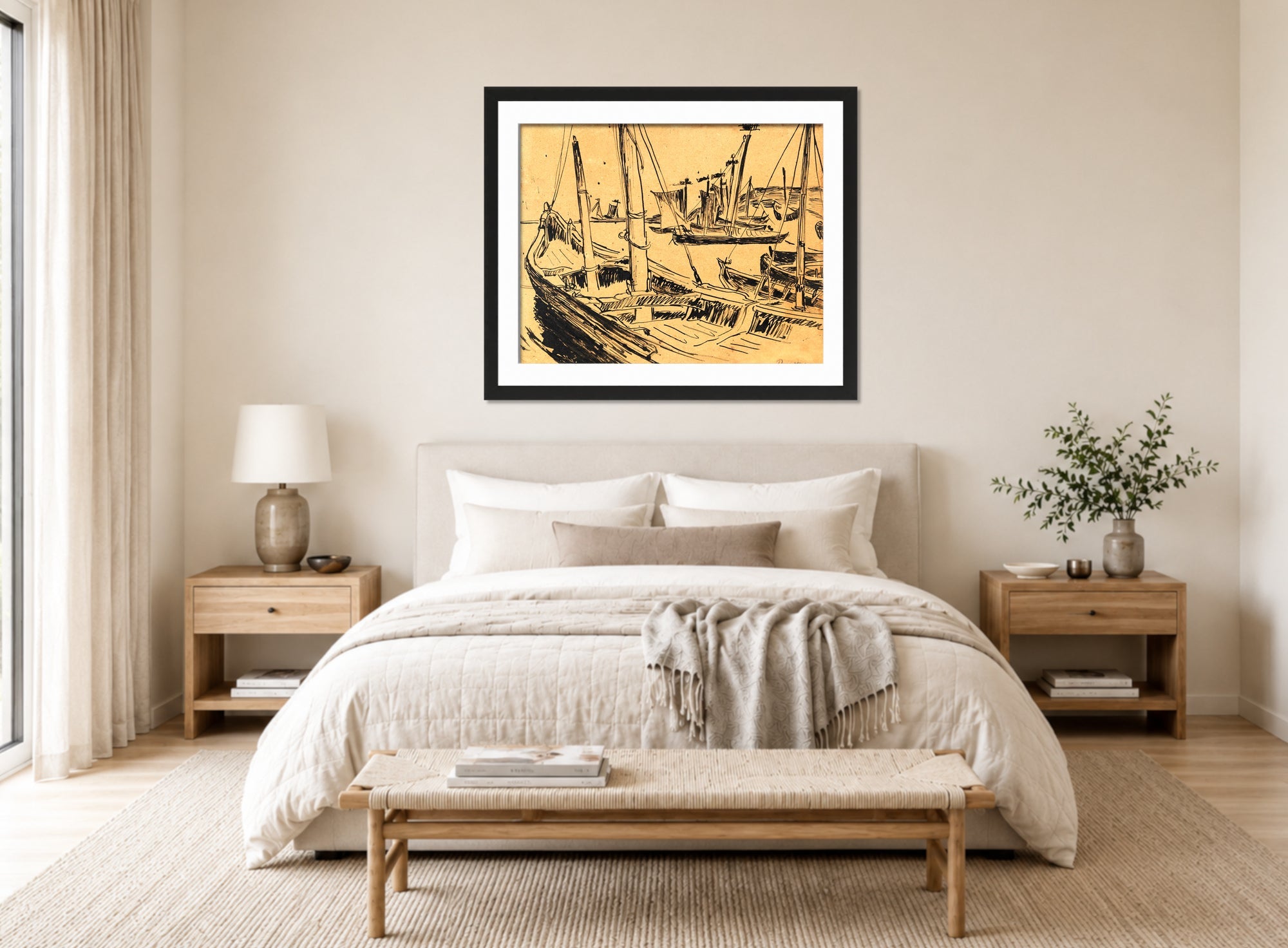 Hermann Max Pechstein Print, Keitelkähne (Kurenkähne im Hafen) (1909) displayed above a bed