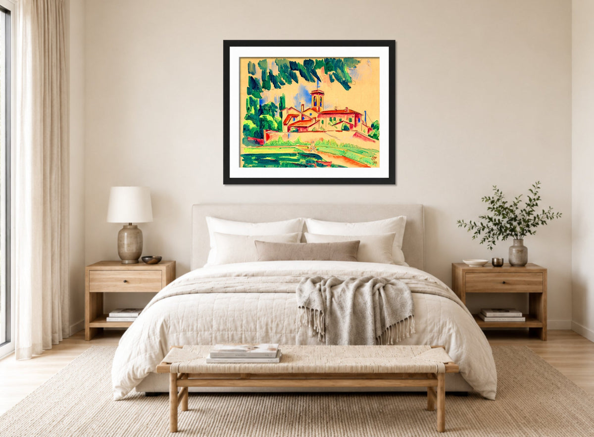 Hermann Max Pechstein Print, Kloster von San Gimignano (1913) displayed above a bed