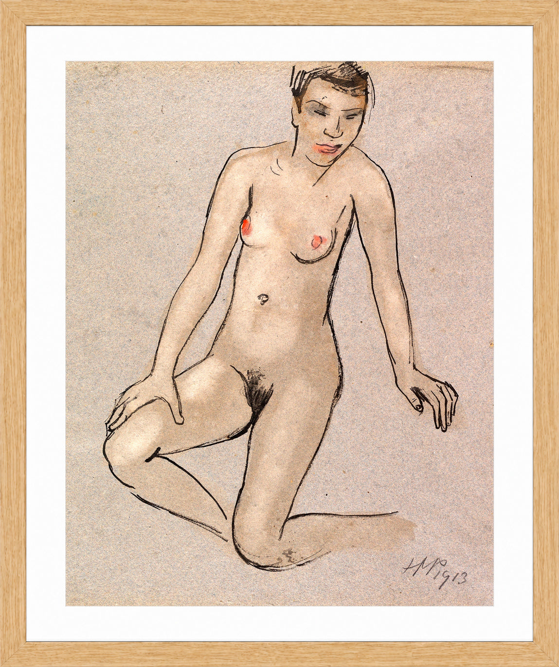 Hermann Max Pechstein Print, Knieender Akt (1913) in a light oak frame
