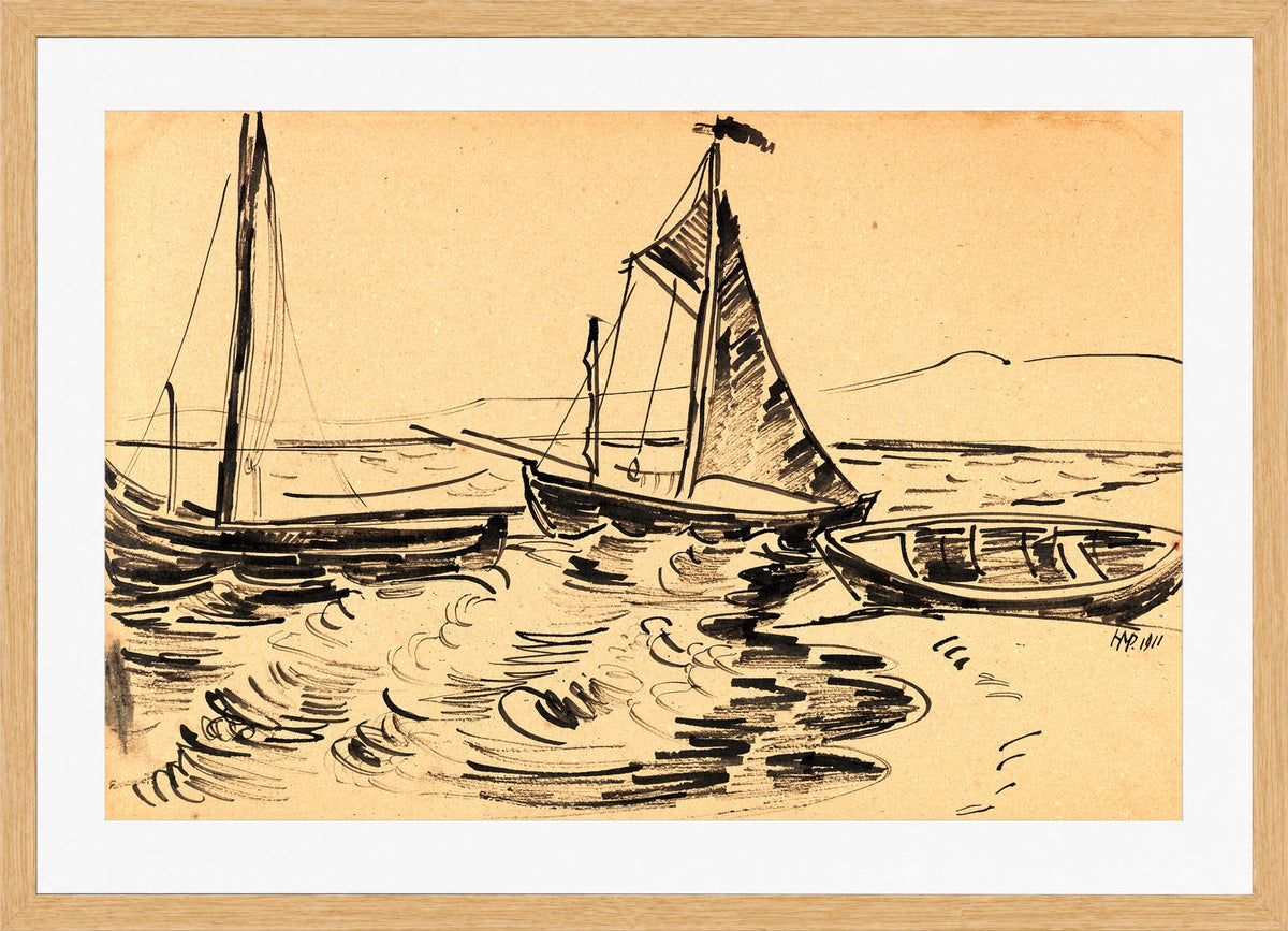 Hermann Max Pechstein Print, Kurenkähne und Beiboot (1911) in a light oak frame