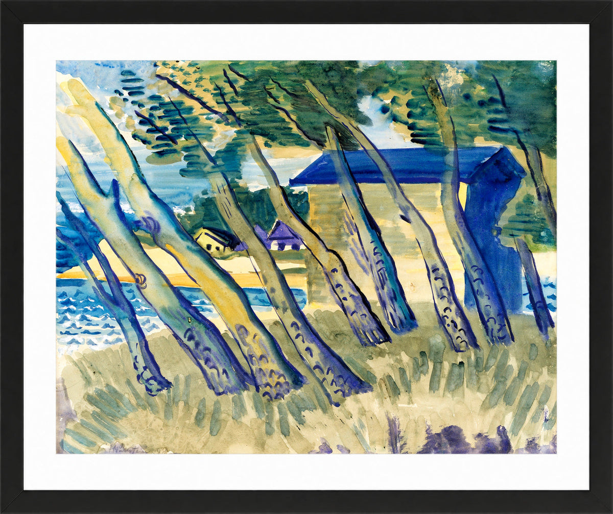 Hermann Max Pechstein Print, Lakeshore with Trees and Houses (1931) in a black frame