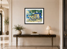 Hermann Max Pechstein Print, Lakeshore with Trees and Houses (1931) displayed above a console table