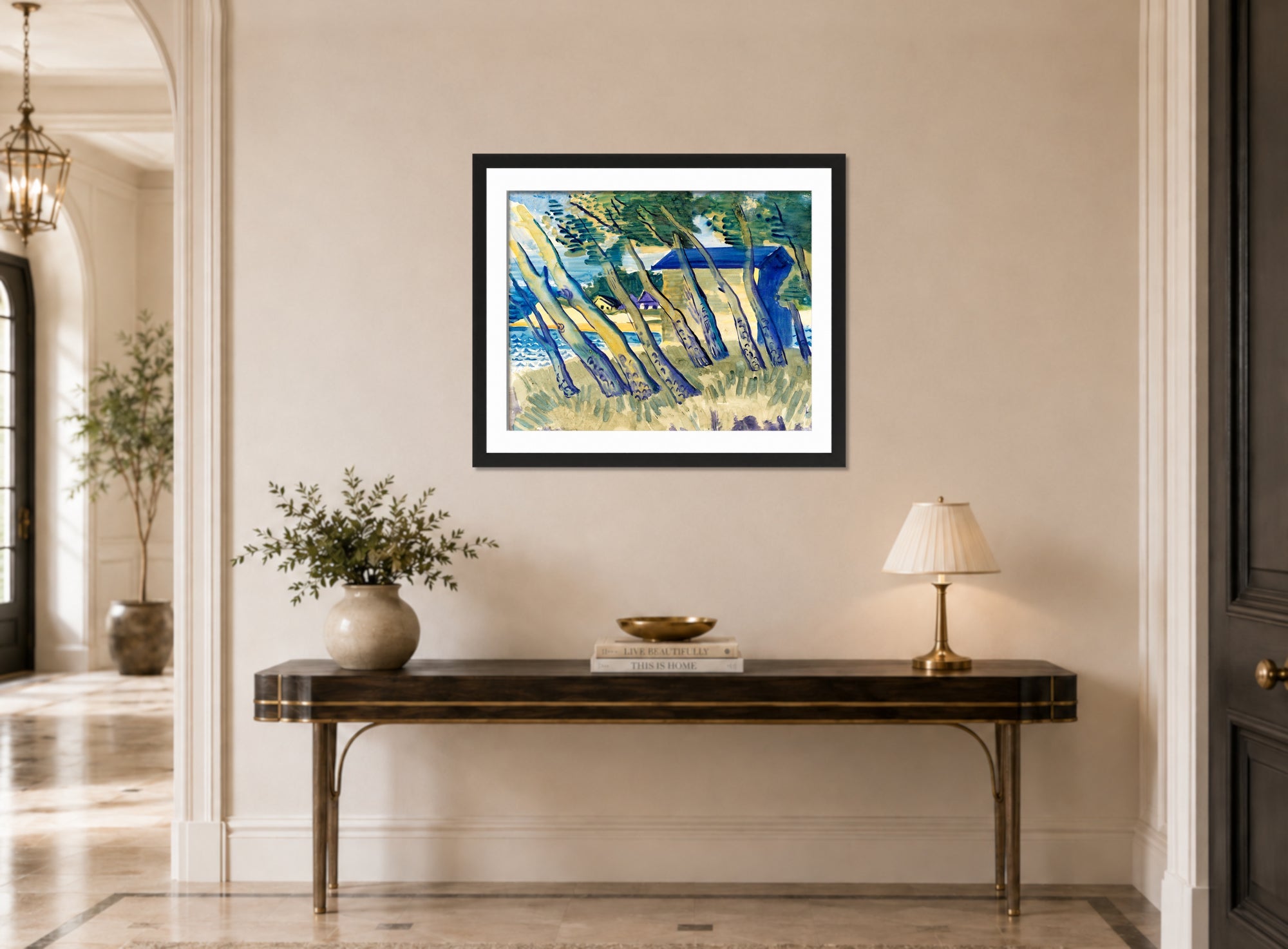 Hermann Max Pechstein Print, Lakeshore with Trees and Houses (1931) displayed above a console table