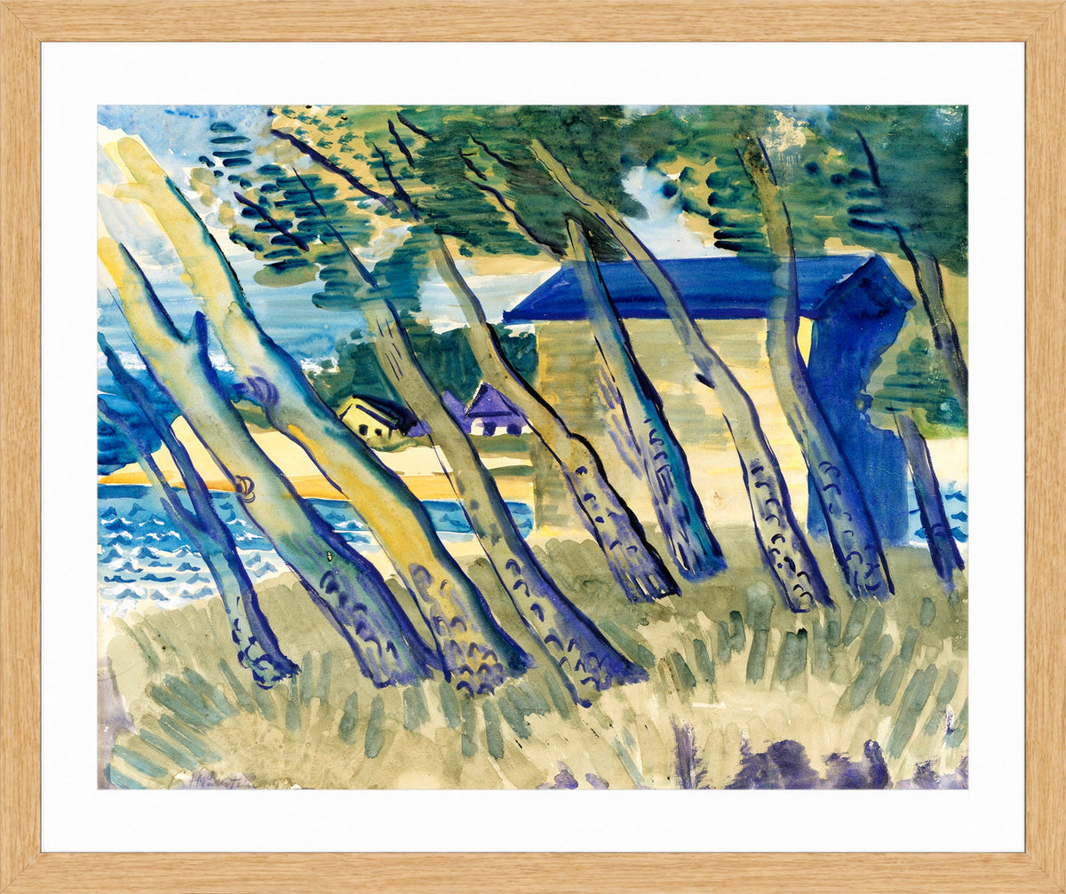 Hermann Max Pechstein Print, Lakeshore with Trees and Houses (1931) in a light oak frame