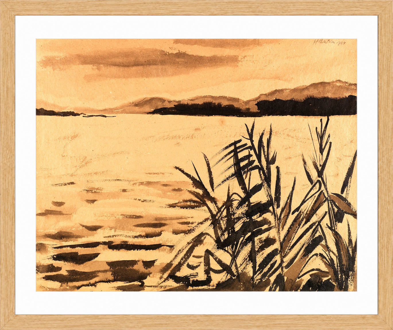Hermann Max Pechstein Print, Landscape with reeds (1924) in a light oak frame