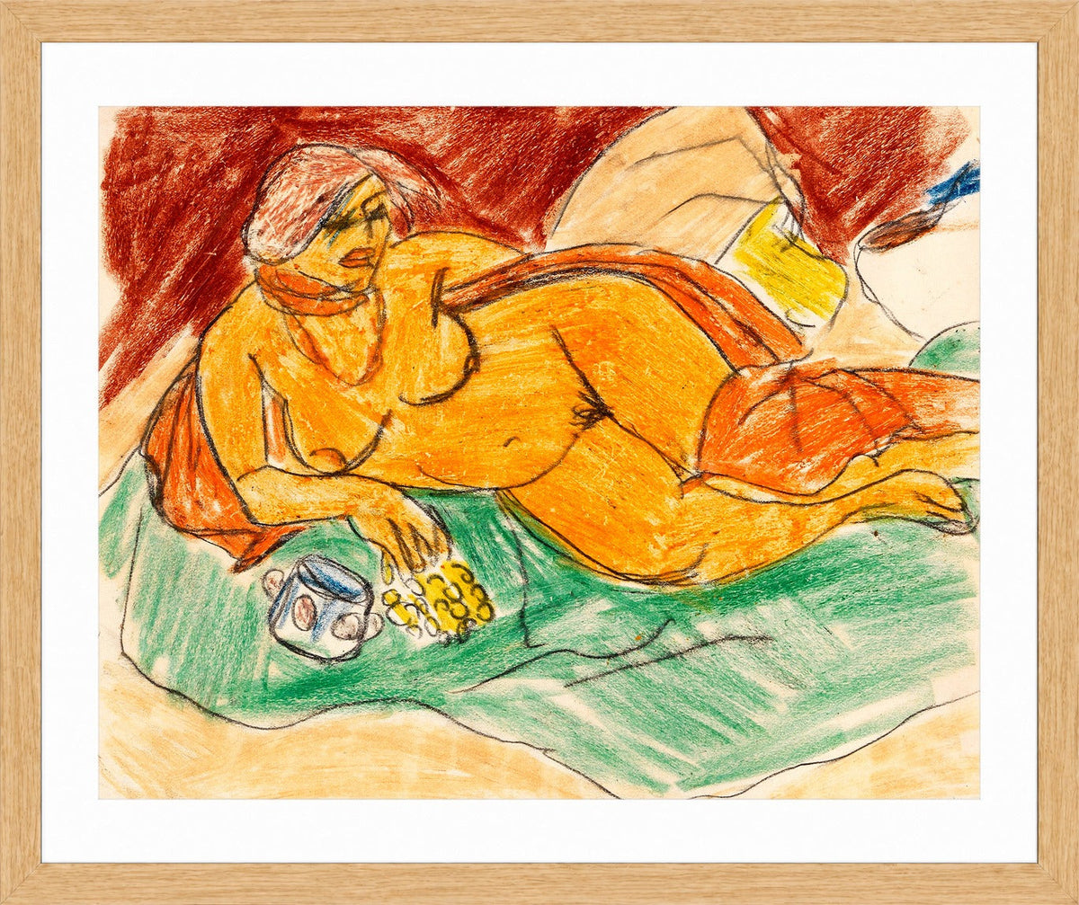 Hermann Max Pechstein Print, Liegender weiblicher Akt (1918) in a light oak frame