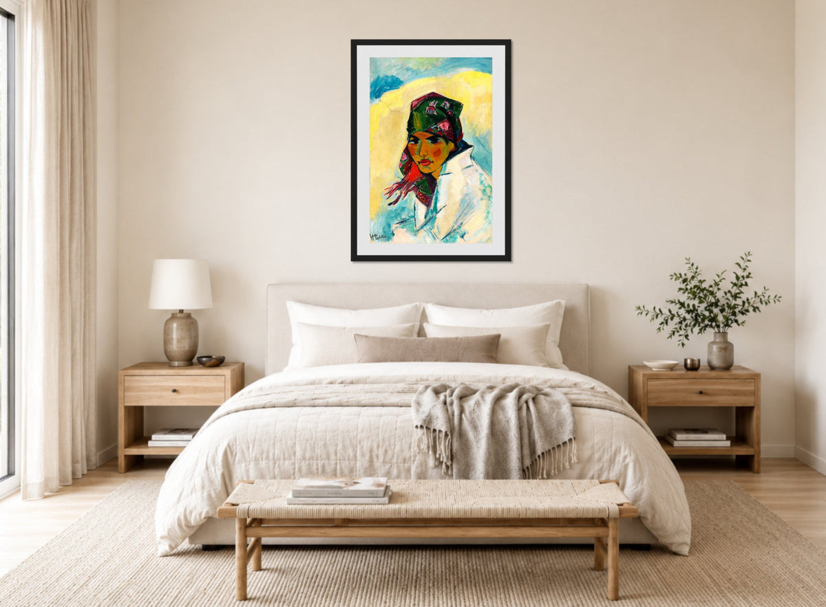 Hermann Max Pechstein Print, Lotte with Headscarf (1919) displayed above a bed