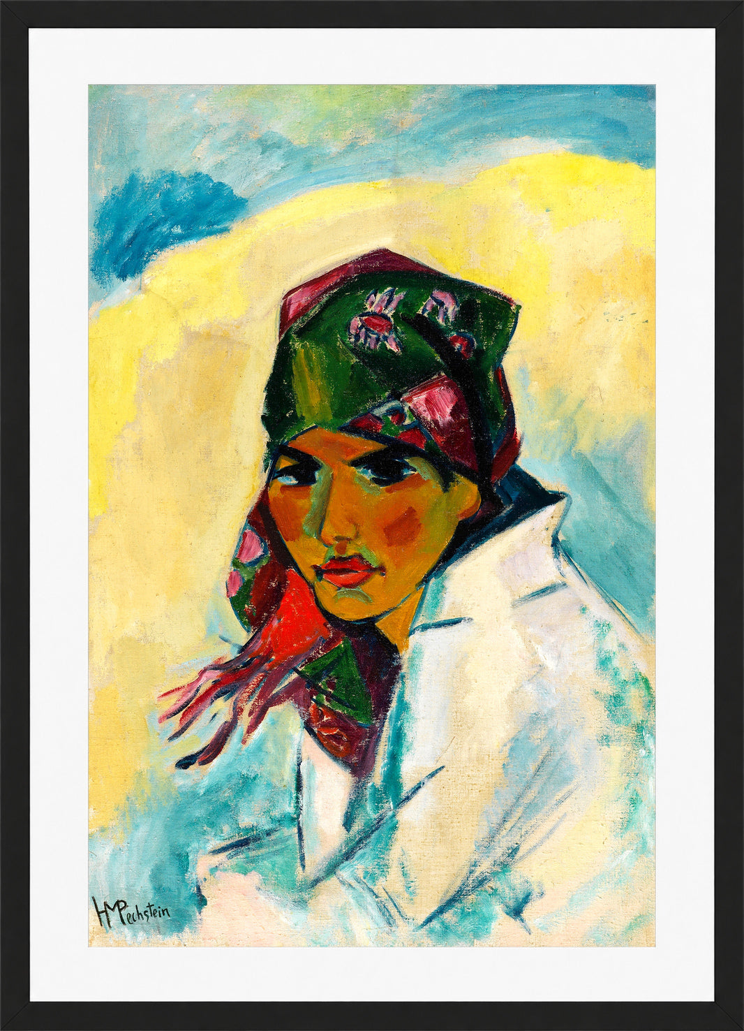Hermann Max Pechstein Print, Lotte with Headscarf (1919) in a black frame