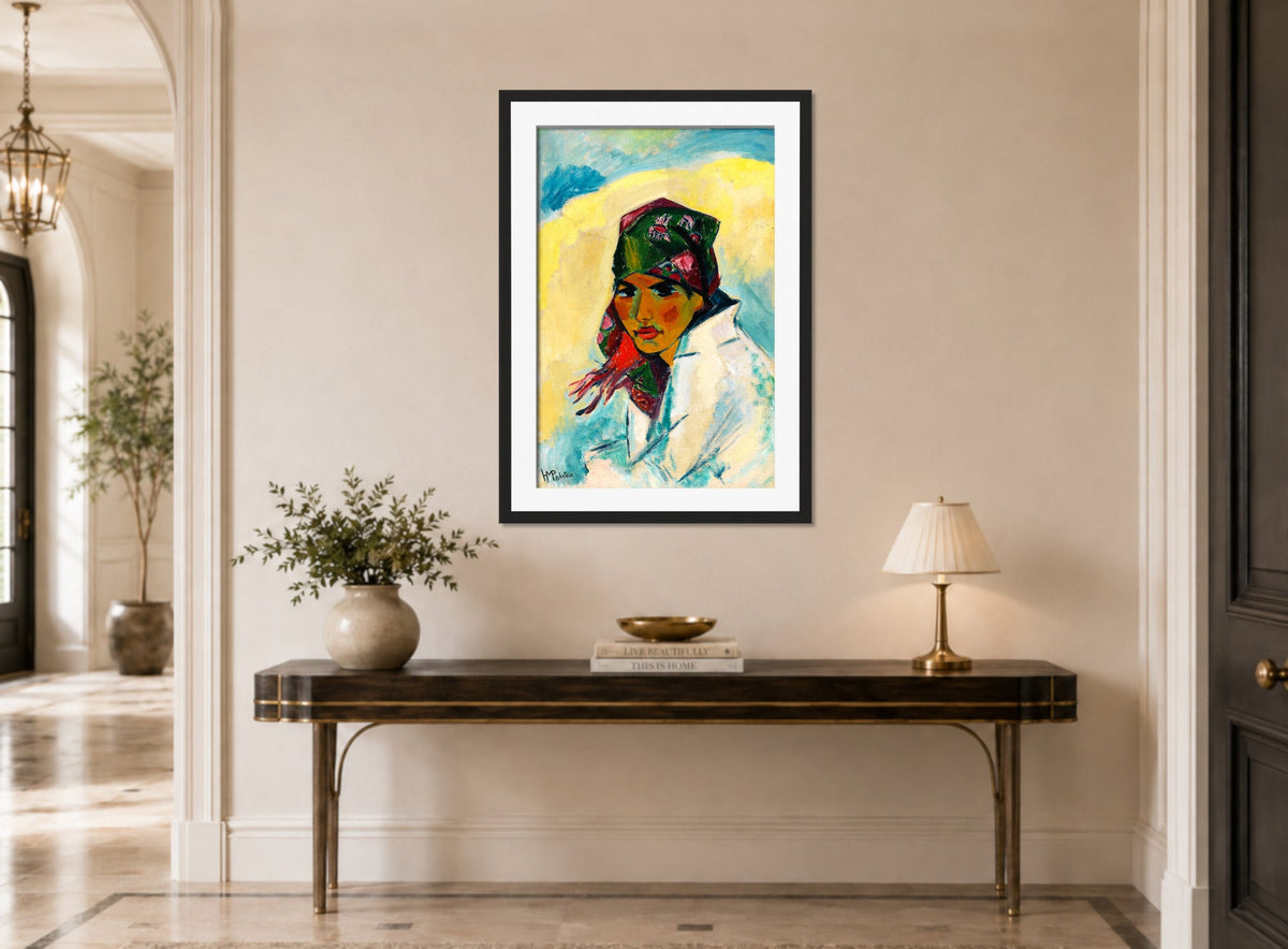 Hermann Max Pechstein Print, Lotte with Headscarf (1919) displayed above a console table