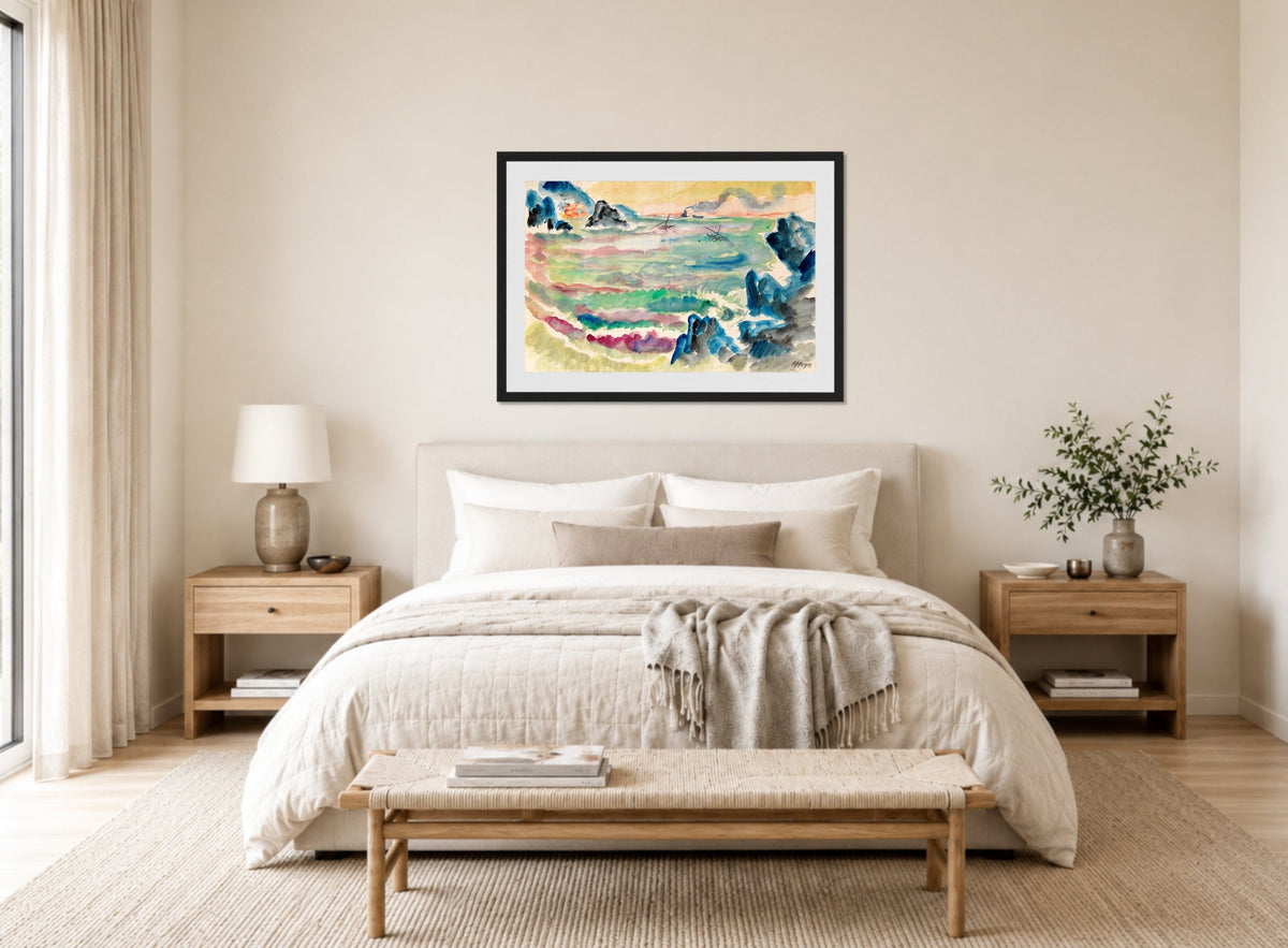 Hermann Max Pechstein Print, Monterosso al mare (1913) displayed above a bed