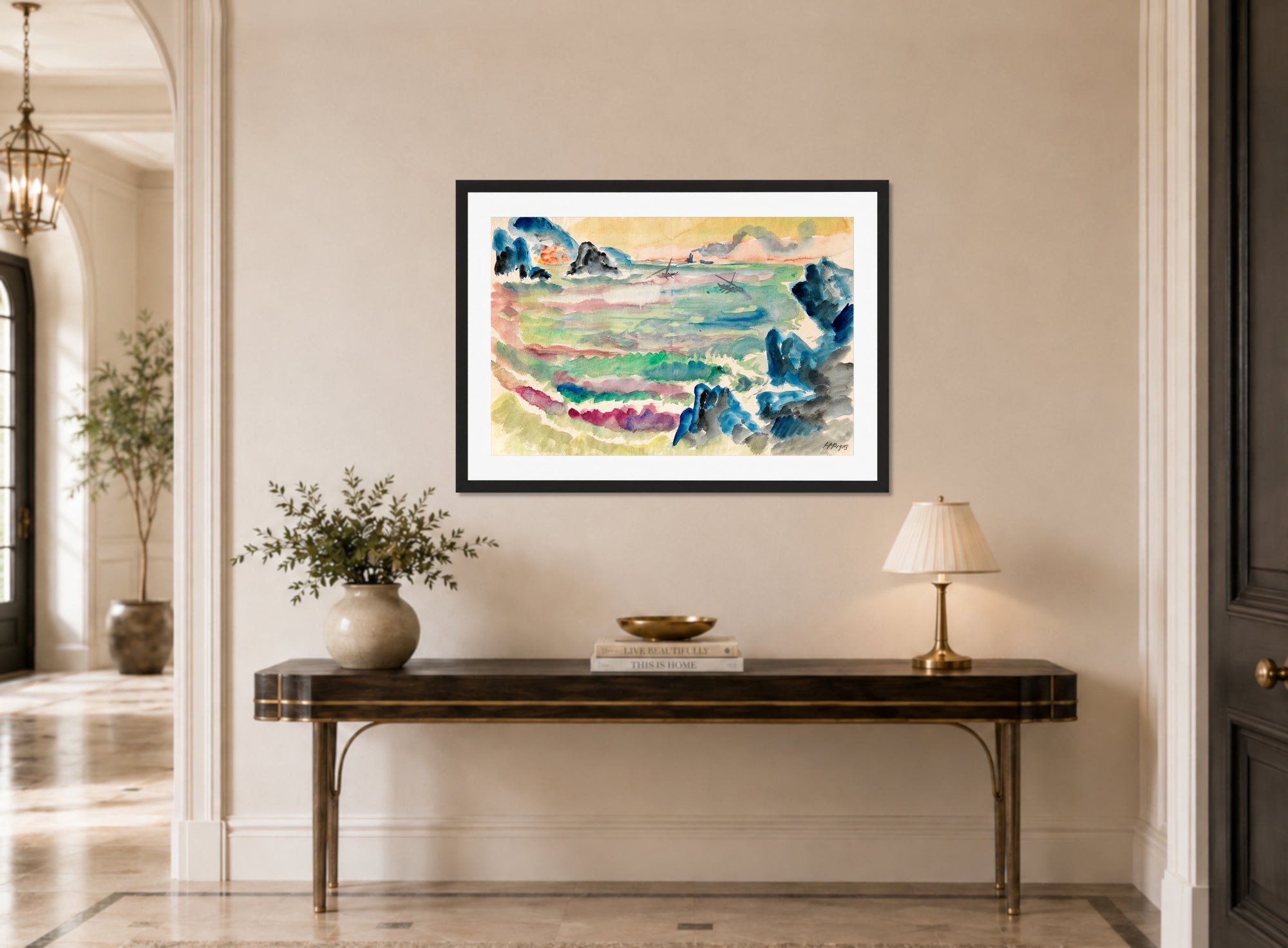 Hermann Max Pechstein Print, Monterosso al mare (1913) displayed above a console table