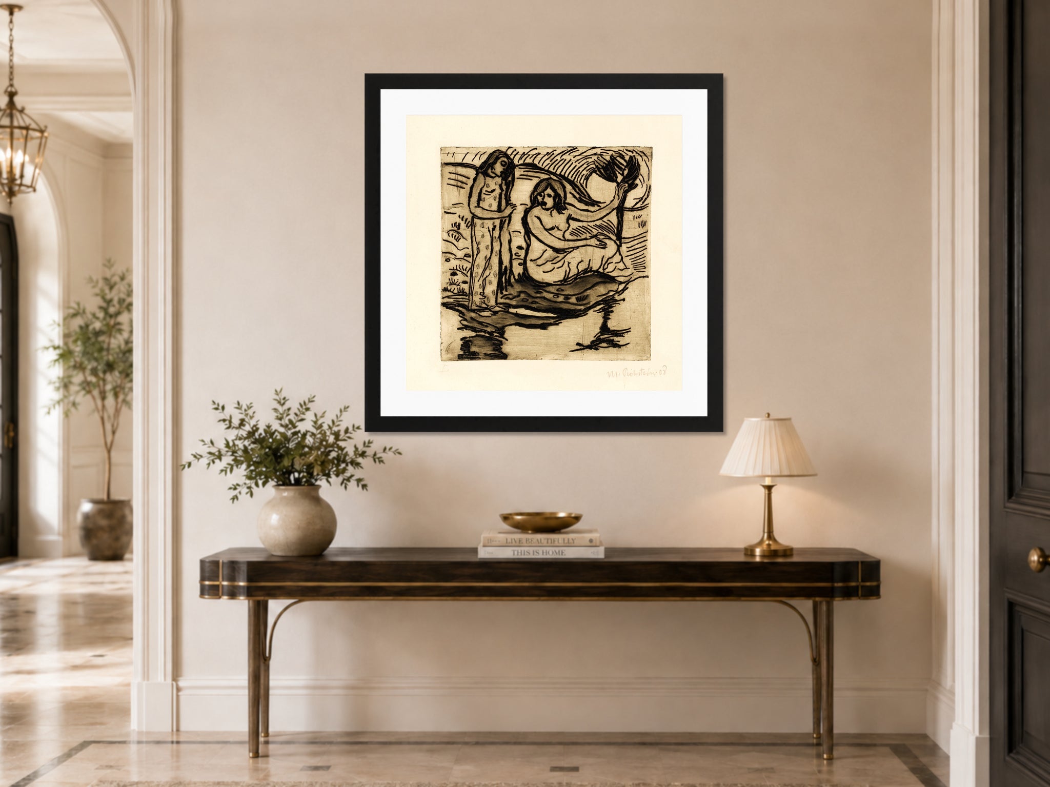 Hermann Max Pechstein Print, Morgen (1908) displayed above a console table