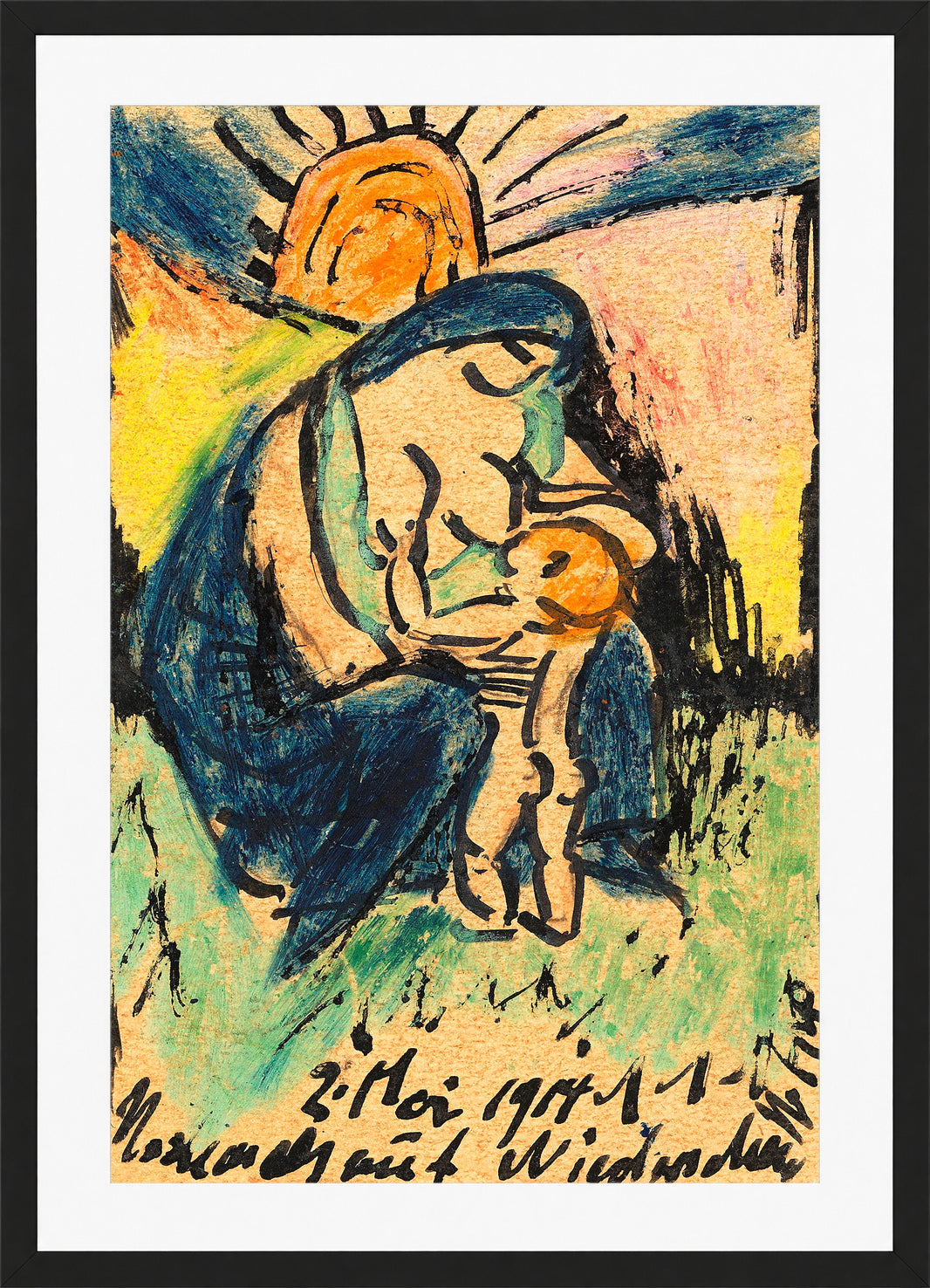 Hermann Max Pechstein Print, Mother with child (1914) in a black frame