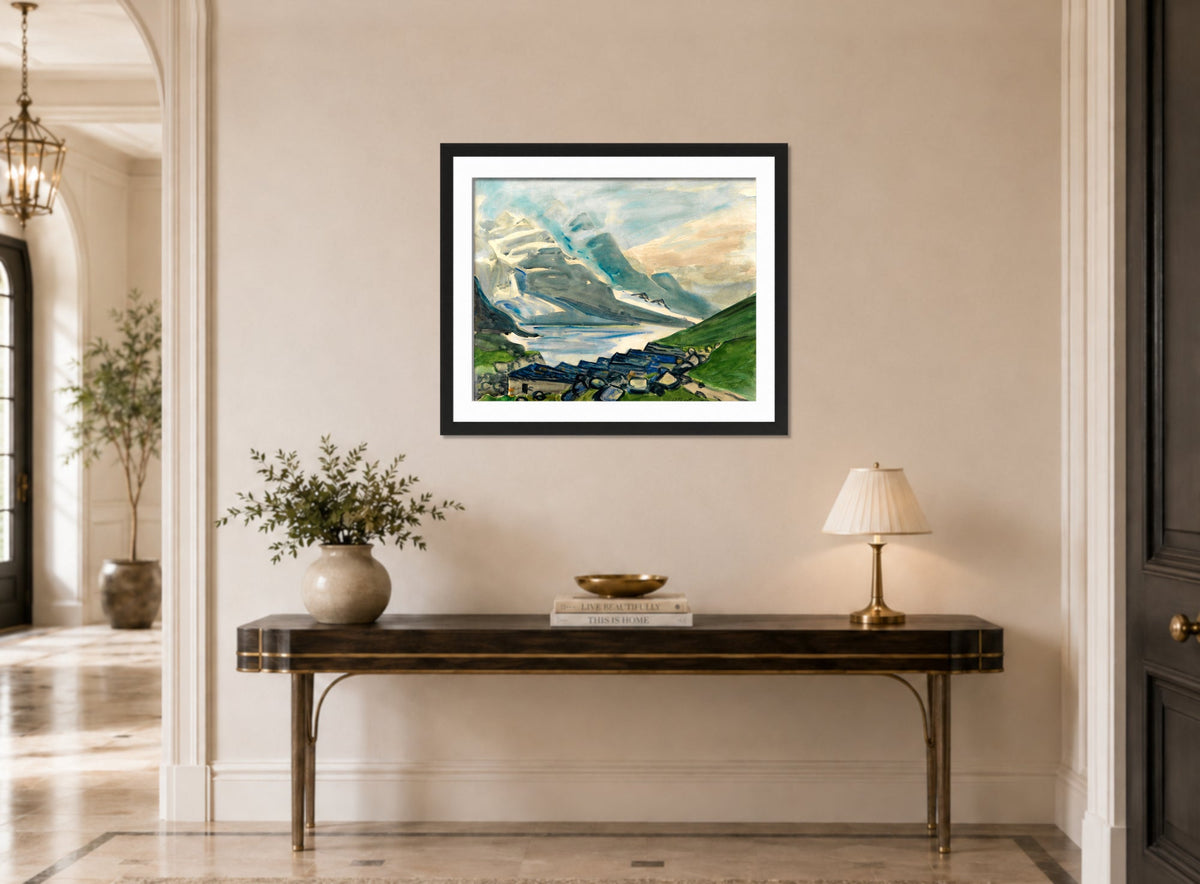 Hermann Max Pechstein Print, Mountain Lake (1923) displayed above a console table