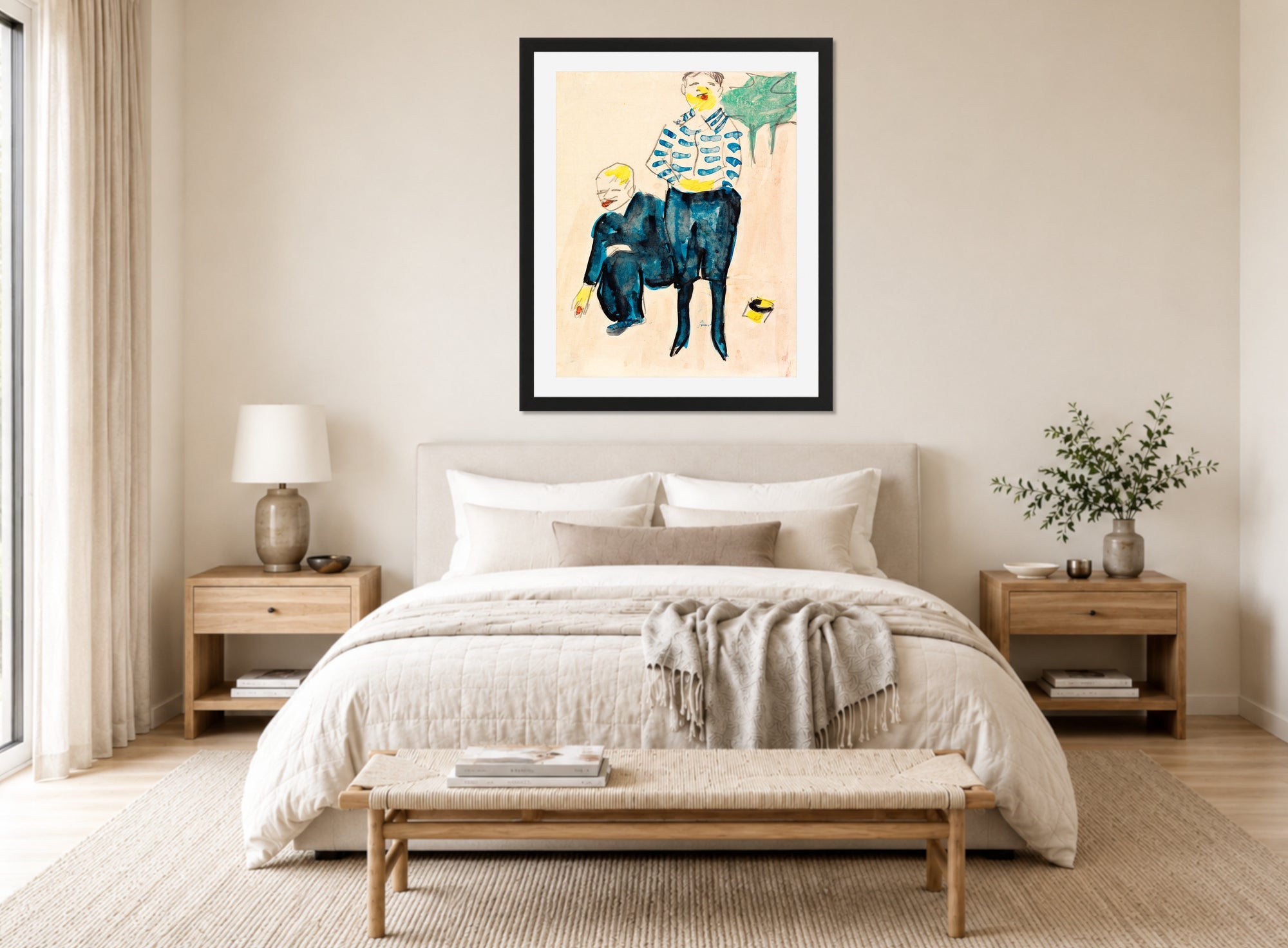 Hermann Max Pechstein Print, Murmel spielende Knaben (c. 1910) displayed above a bed