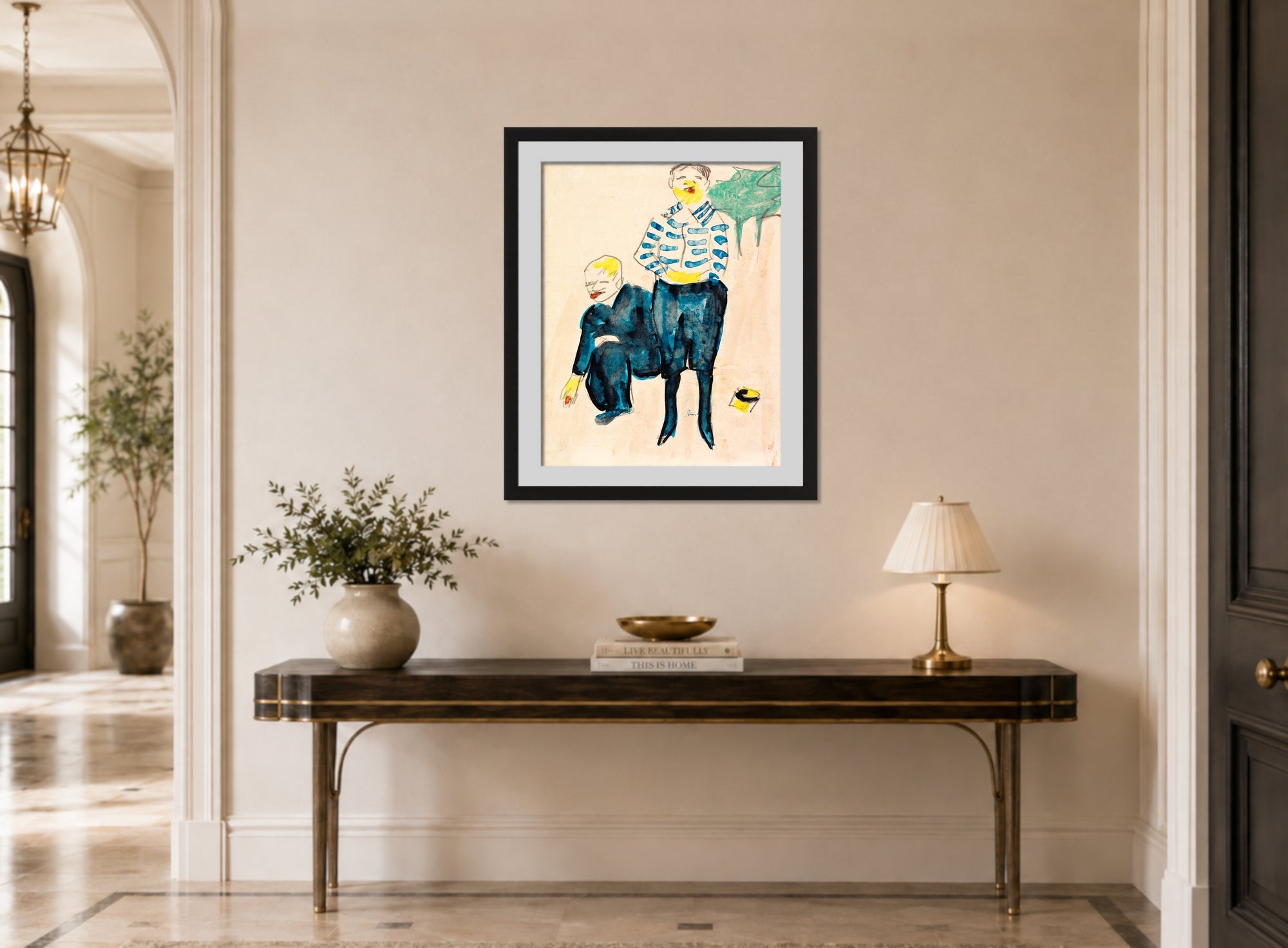 Hermann Max Pechstein Print, Murmel spielende Knaben (c. 1910) displayed above a console table