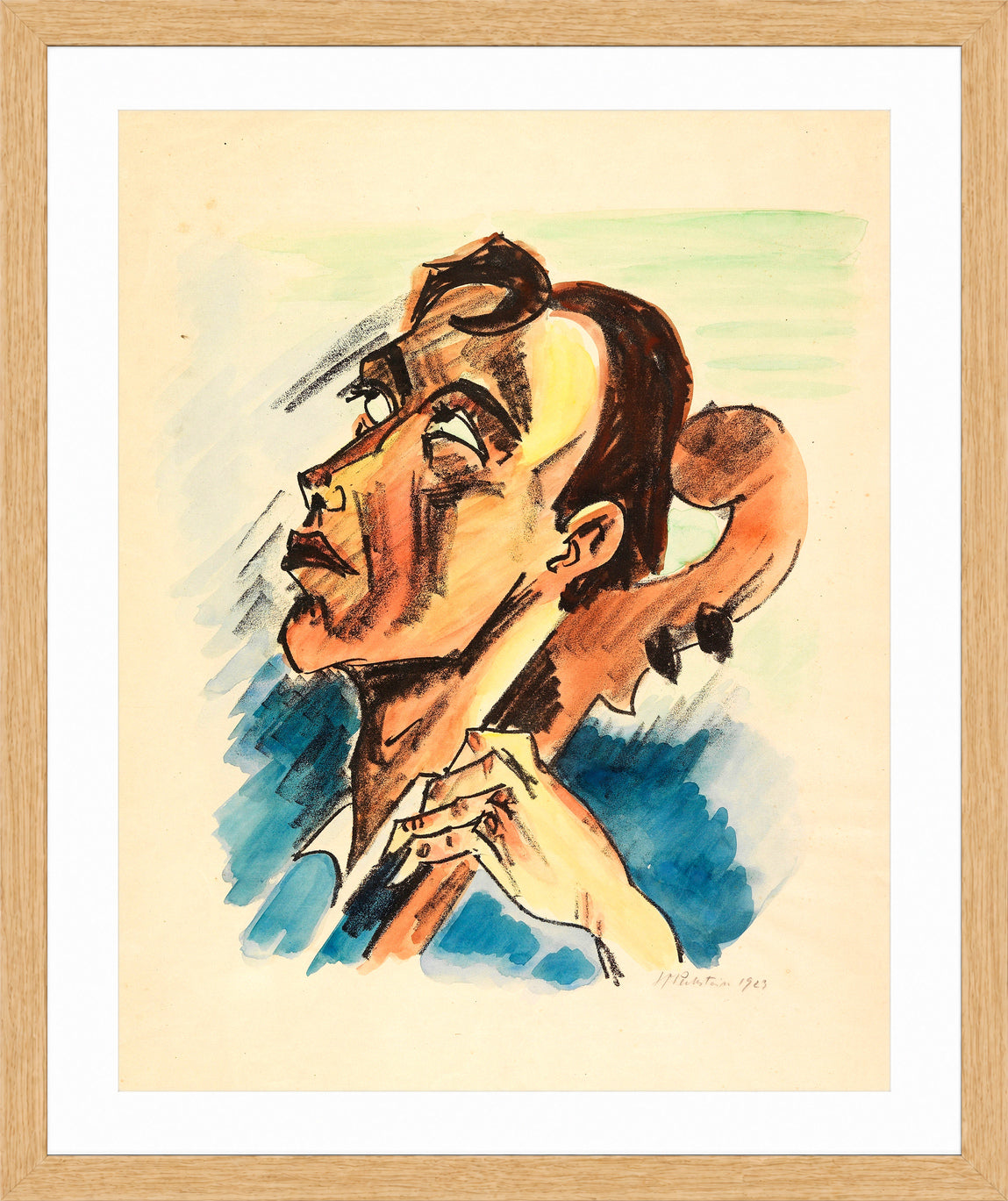Hermann Max Pechstein Print, Musician (1923) in a light oak frame