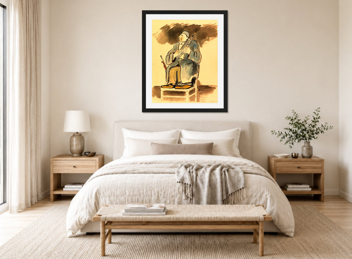 Hermann Max Pechstein Print, Musikal-Clown Grock (1928) displayed above a bed