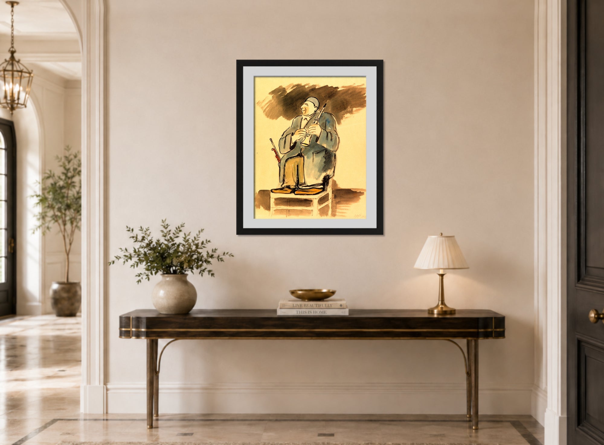 Hermann Max Pechstein Print, Musikal-Clown Grock (1928) displayed above a console table