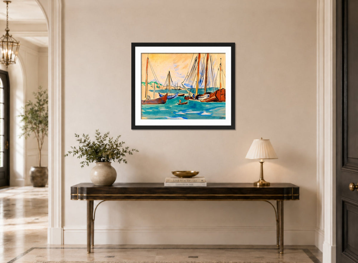 Hermann Max Pechstein Print, Neben dem Hafen von Nidden (1909) displayed above a console table
