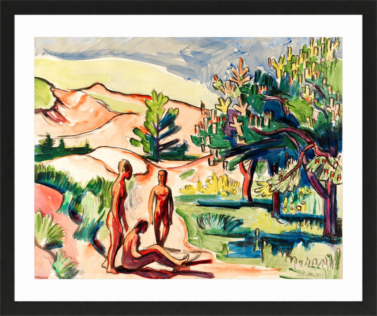 Hermann Max Pechstein Print, Nudes in the Dunes (1926) in a black frame