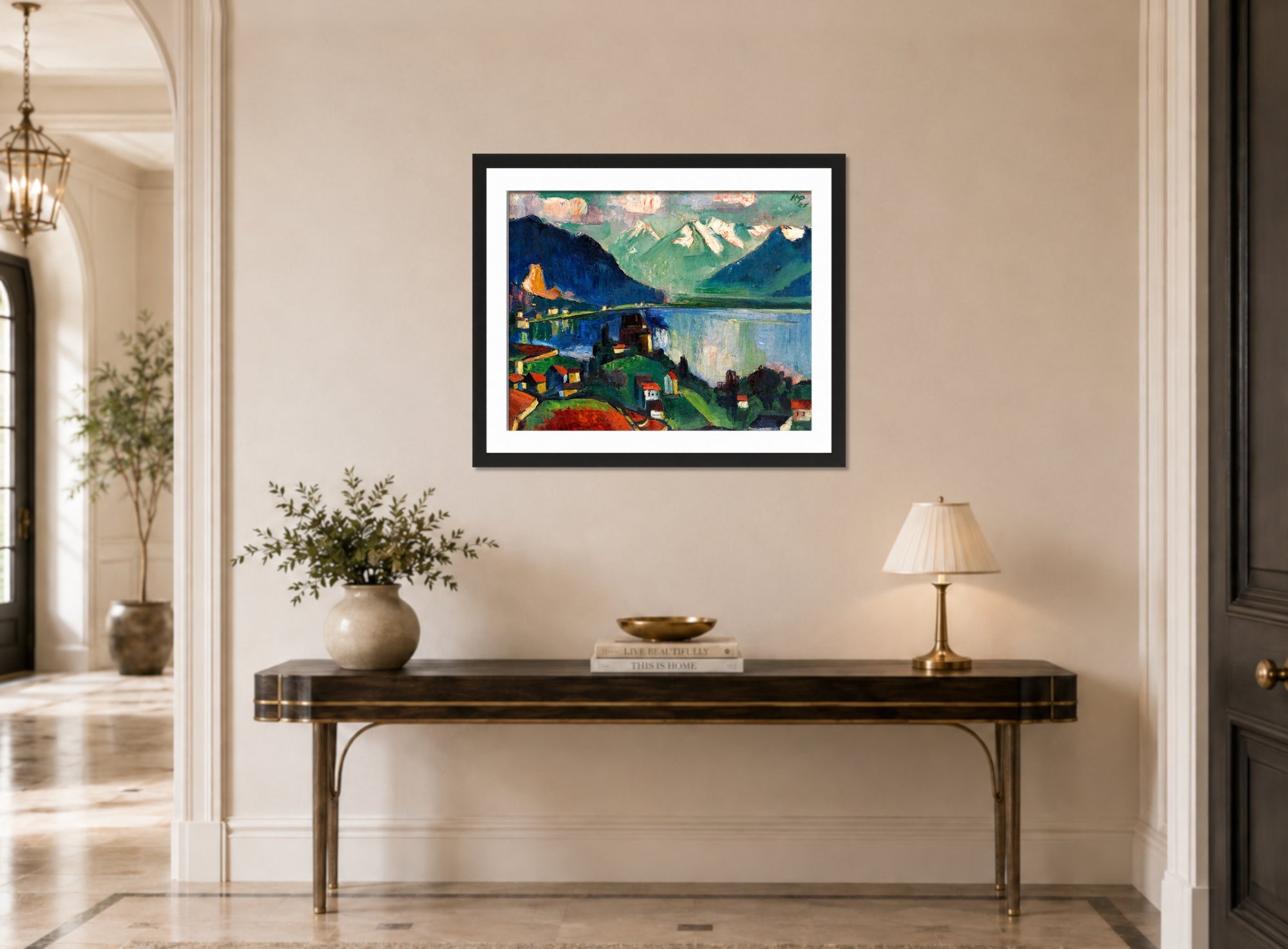 Hermann Max Pechstein Print, On Lake Geneva (1925) displayed above a console table