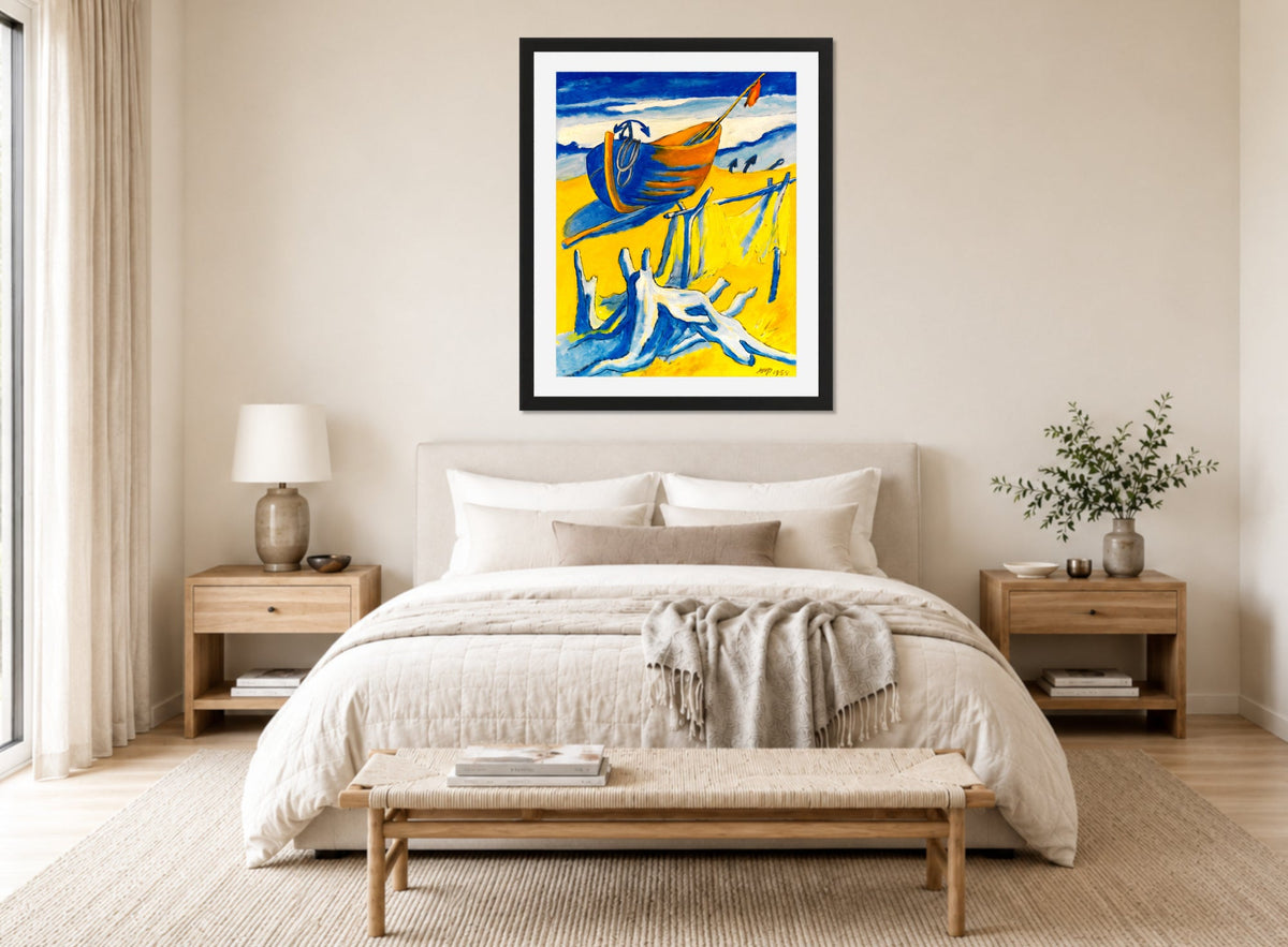 Hermann Max Pechstein Print, On the Baltic Sea beach (1954) displayed above a bed