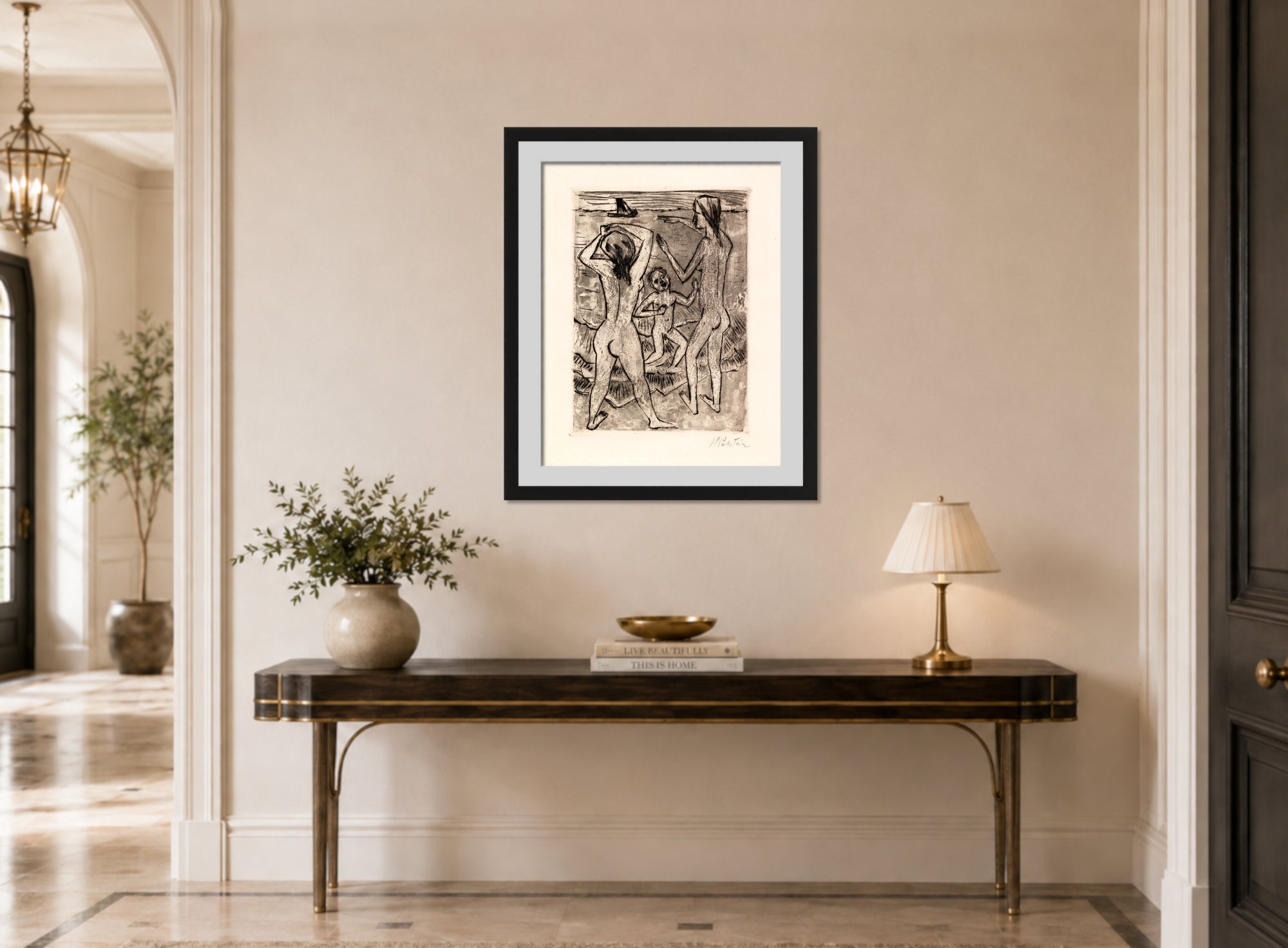 Hermann Max Pechstein Print, On the Beach (1922) displayed above a console table