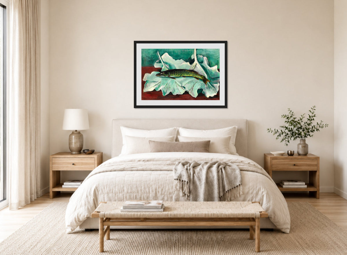 Hermann Max Pechstein Print, Pike on Leaves (1923) displayed above a bed