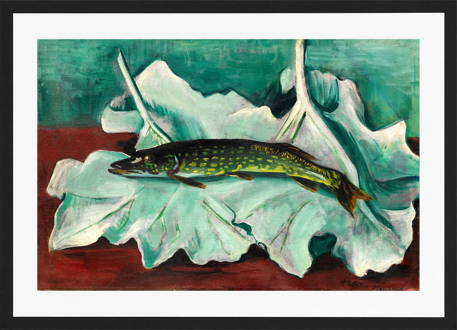 Hermann Max Pechstein Print, Pike on Leaves (1923) in a black frame