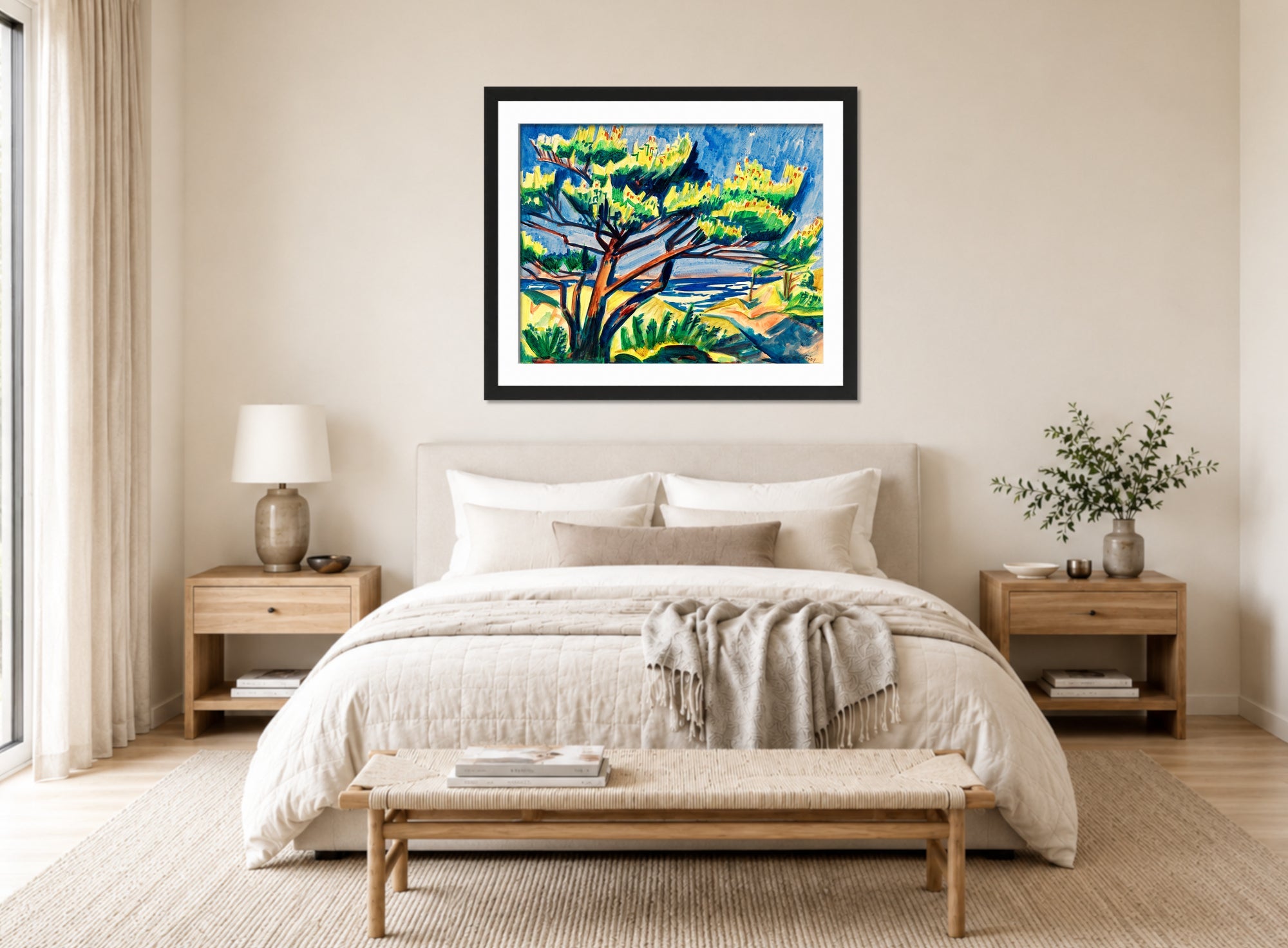 Hermann Max Pechstein Print, Pine tree in the dunes (1911) displayed above a bed
