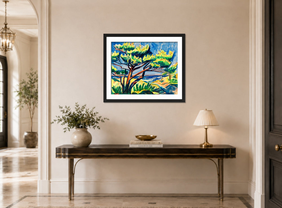 Hermann Max Pechstein Print, Pine tree in the dunes (1911) displayed above a console table