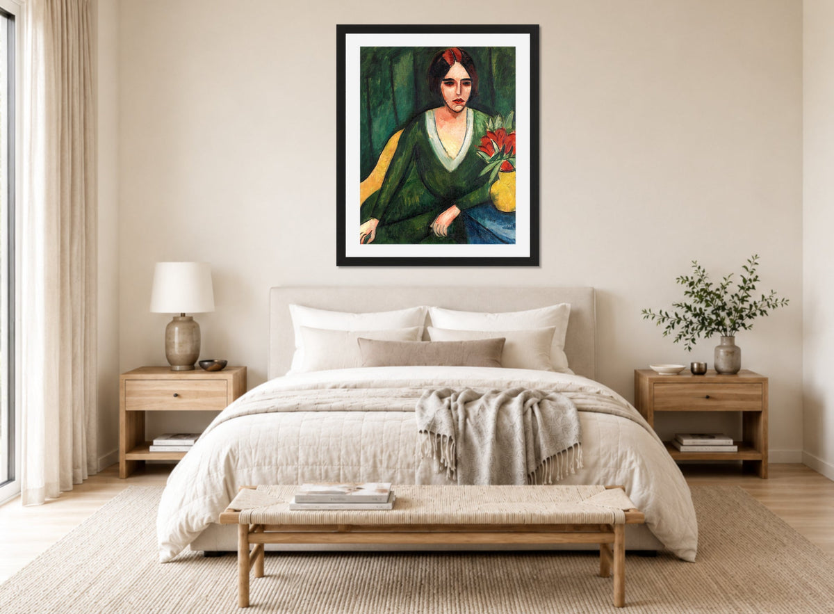 Hermann Max Pechstein Print, Portrait of a Woman (1913) displayed above a bed