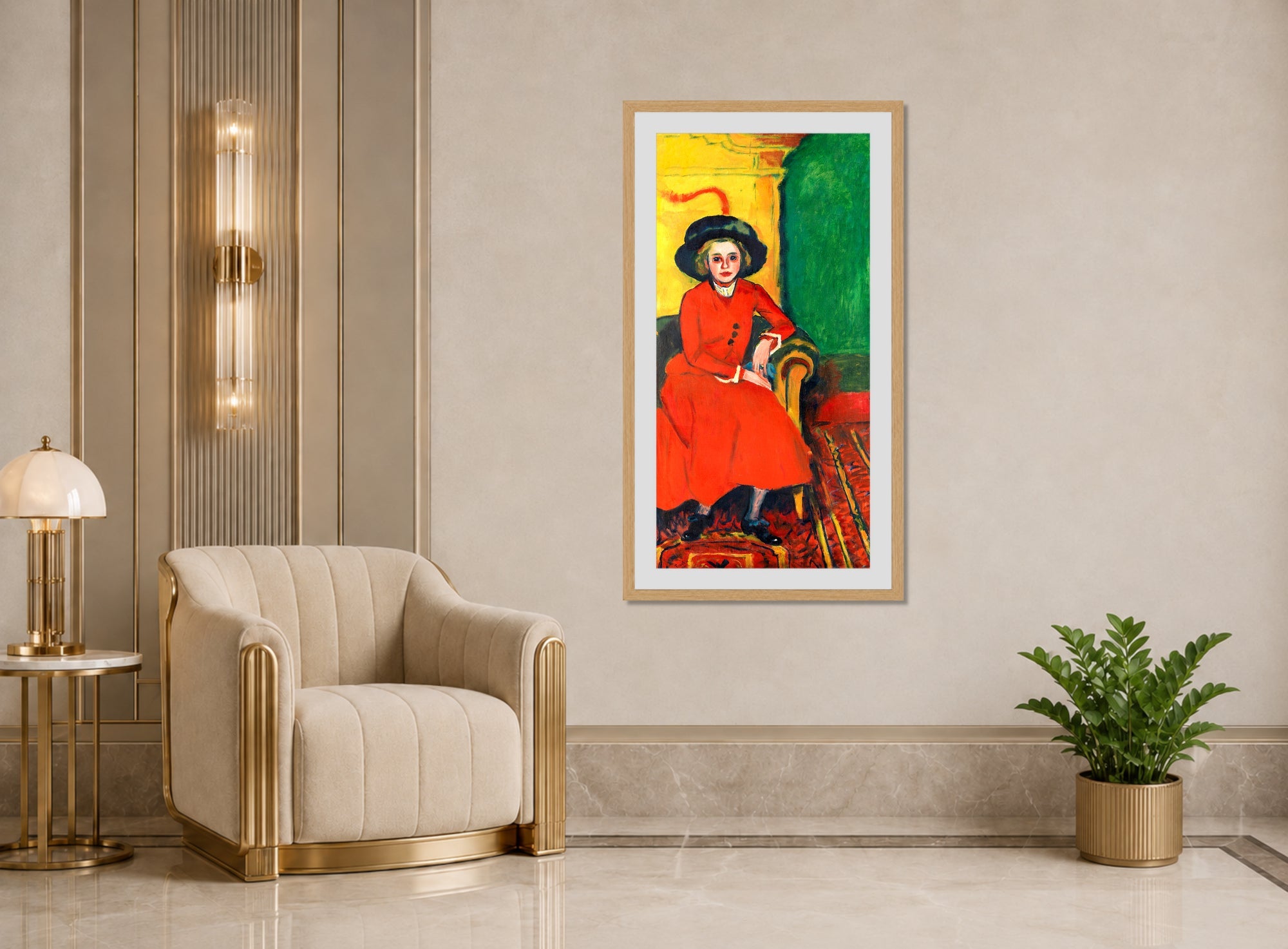 Hermann Max Pechstein Print, Portrait of Charlotte Cuhrt (1910) displayed in an Art Deco interior