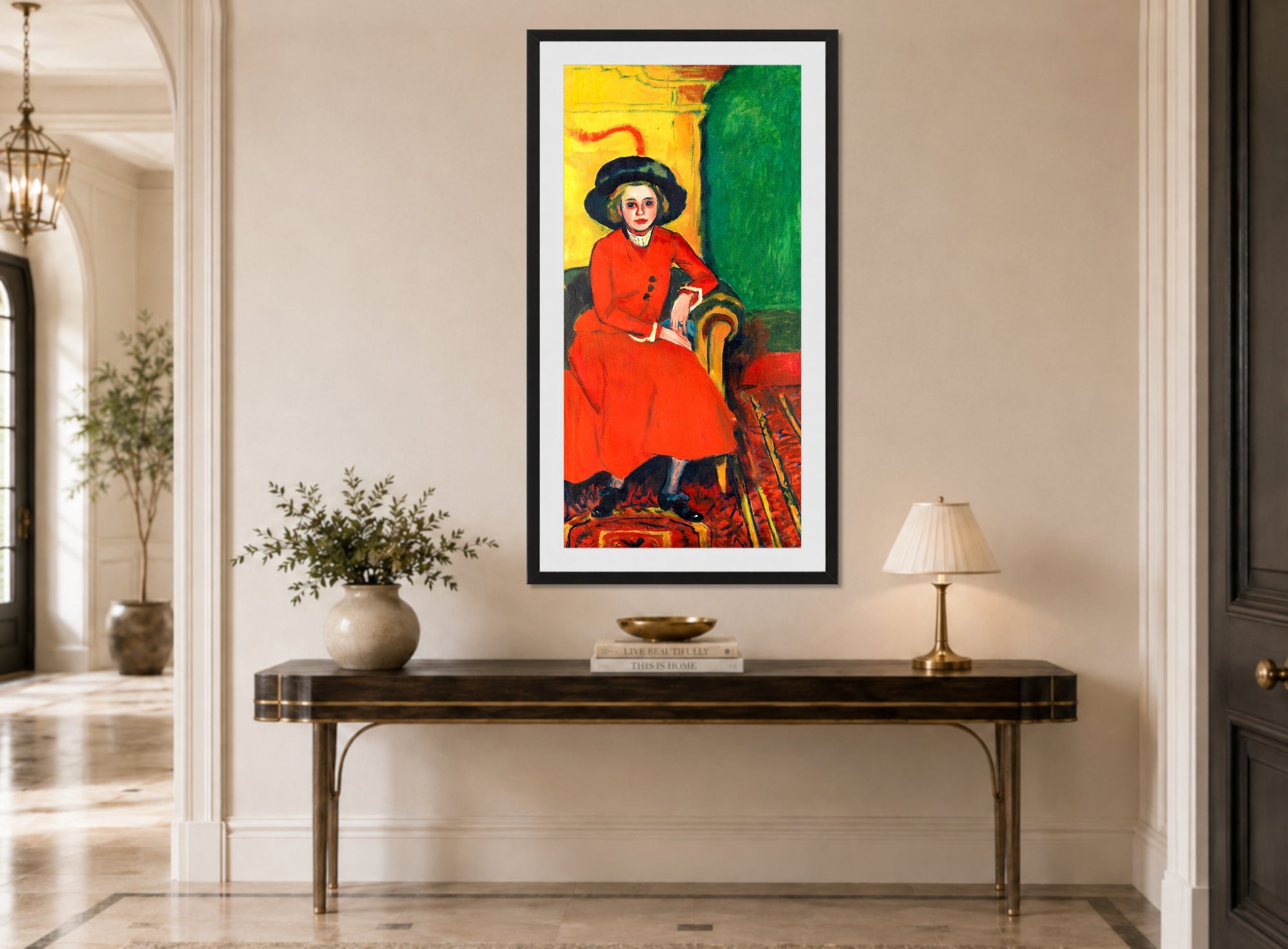 Hermann Max Pechstein Print, Portrait of Charlotte Cuhrt (1910) displayed above a console table